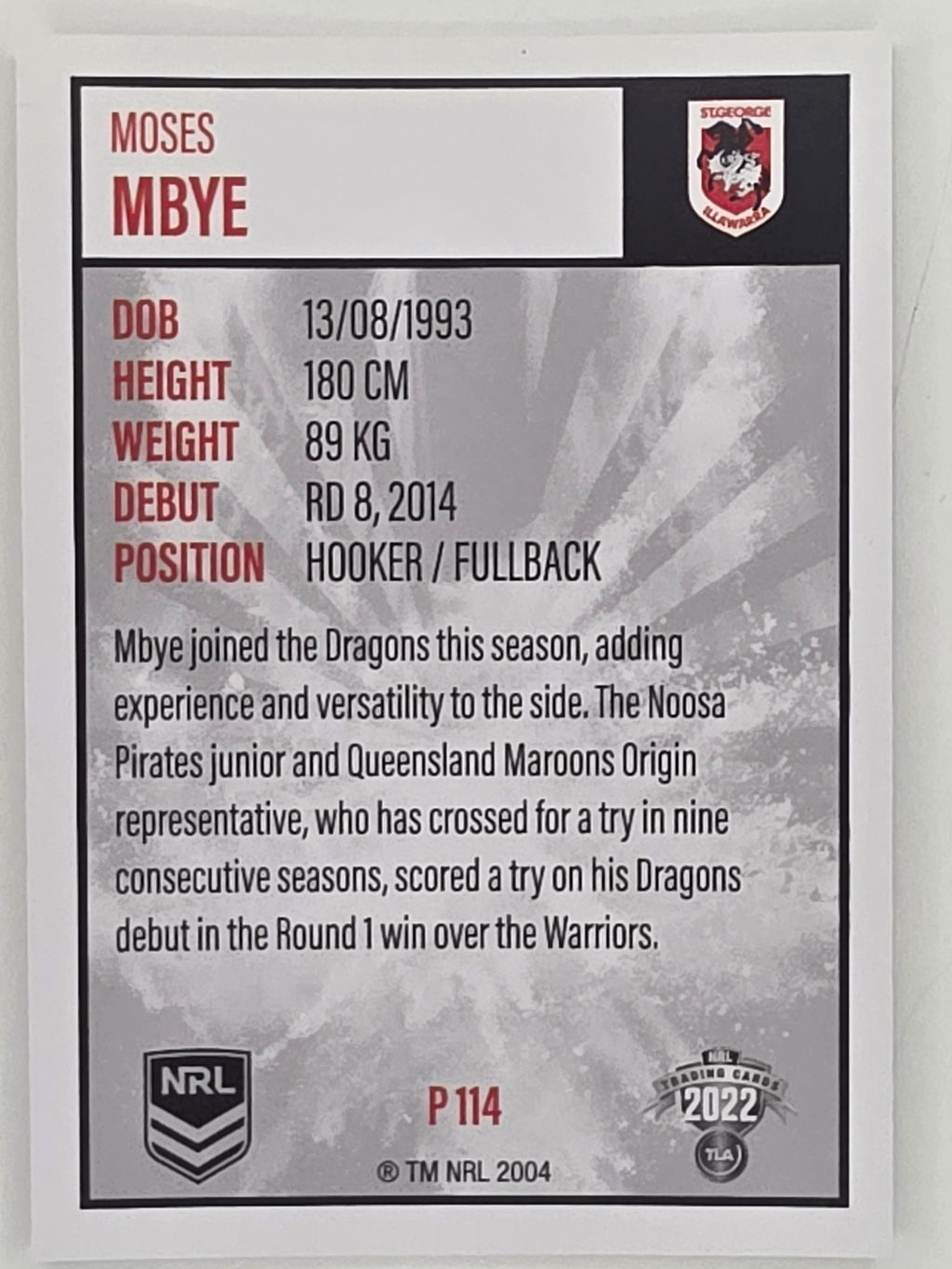 NRL 2022 Elite Silver Parallel #114 Moses Mbye St George Illawarra Dragons