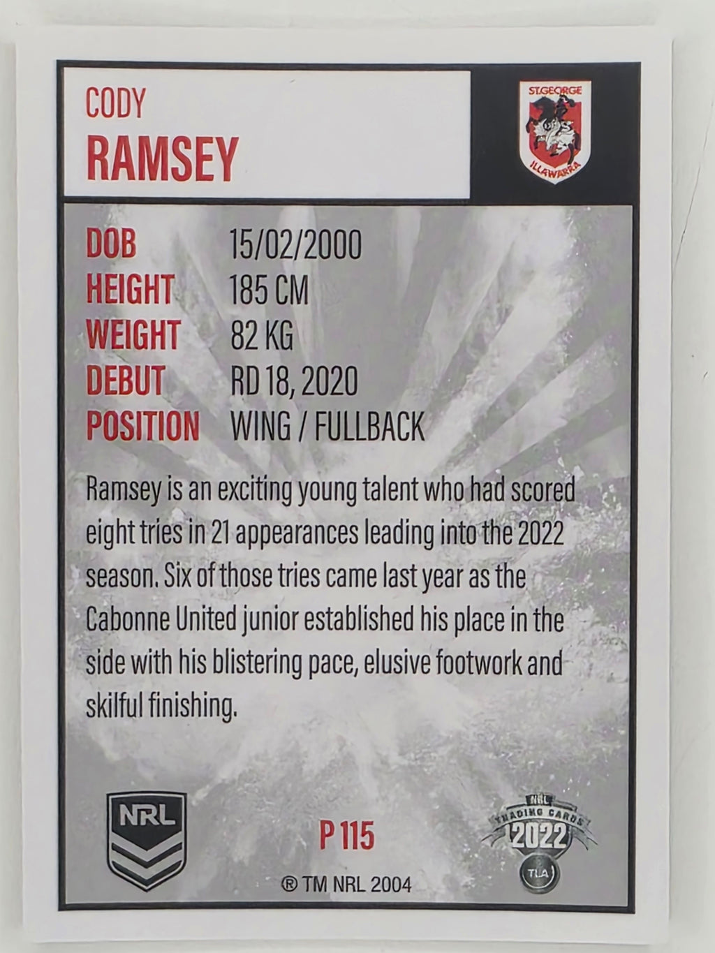 NRL 2022 Elite Silver Parallel #115 Cody Ramsey St George Illawarra Dragons