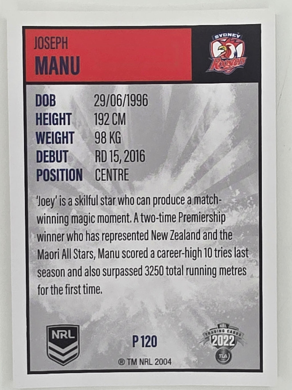 NRL 2022 Elite Silver Parallel #120 Joseph Manu Sydney Roosters