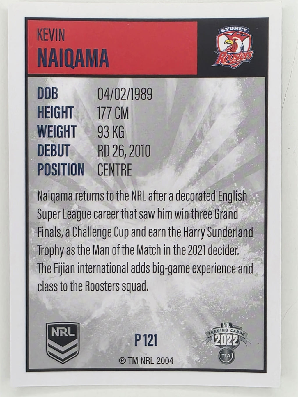 NRL 2022 Elite Silver Parallel #121 Kevin Naiqama Sydney Roosters