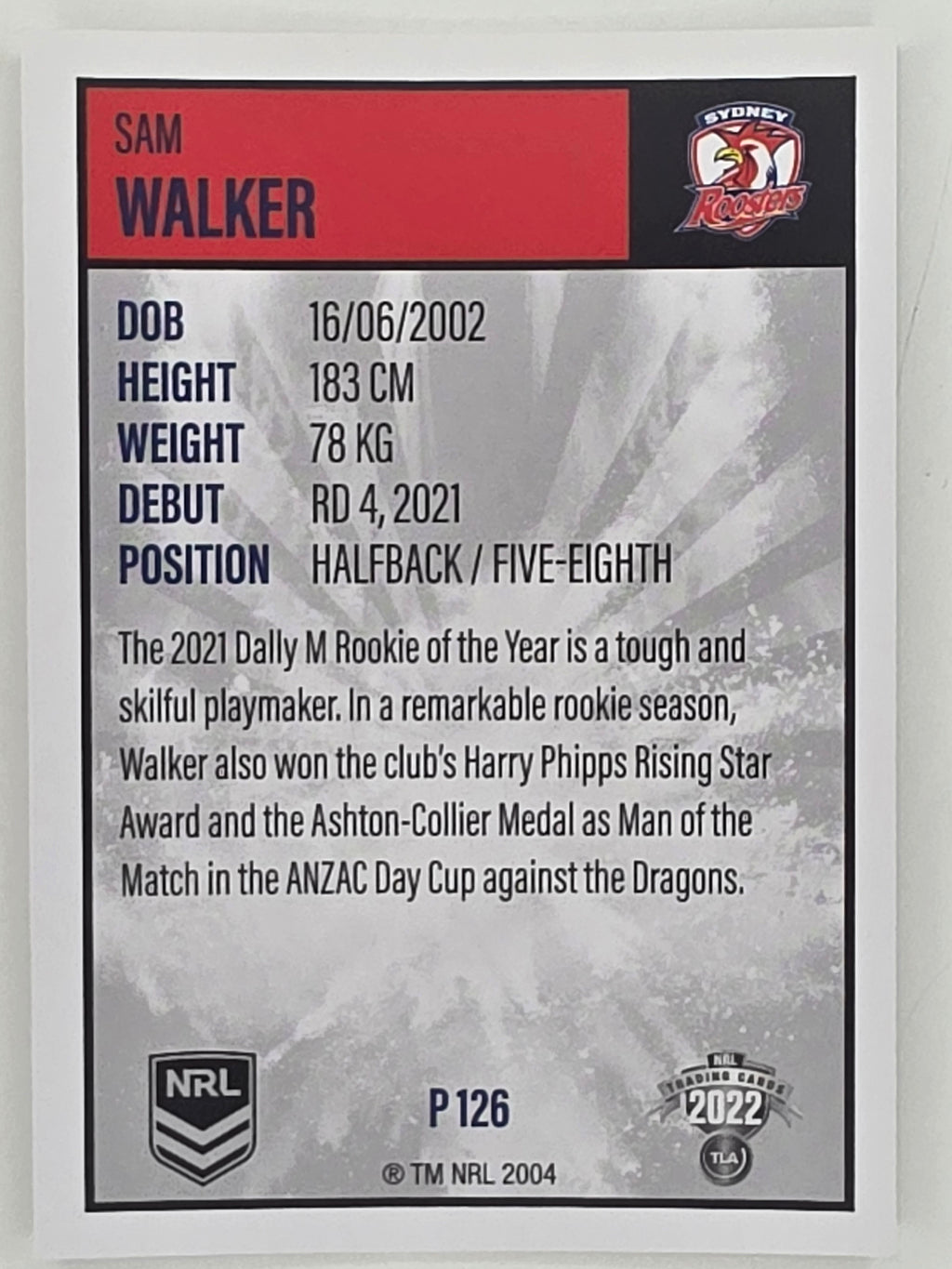 NRL 2022 Elite Silver Parallel #126 Sam Walker Sydney Roosters