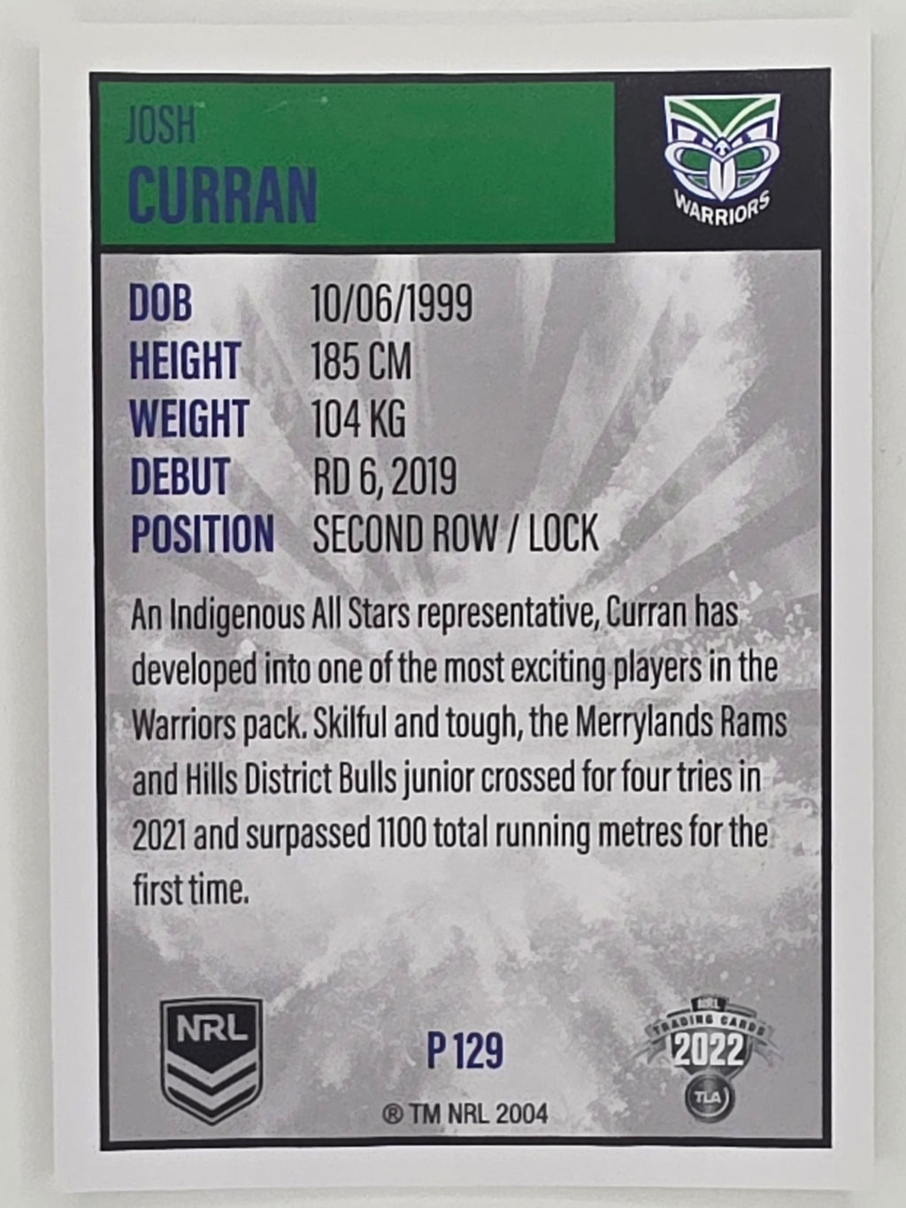 NRL 2022 Elite Silver Parallel #129 Josh Curran New Zealand Warriors