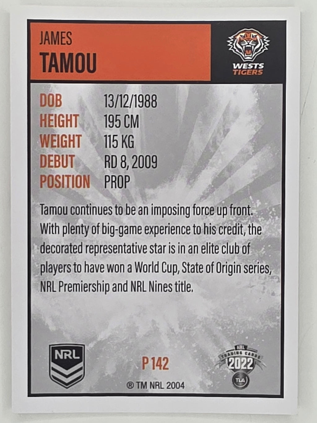 NRL 2022 Elite Silver Parallel #142 James Tamou Wests Tigers