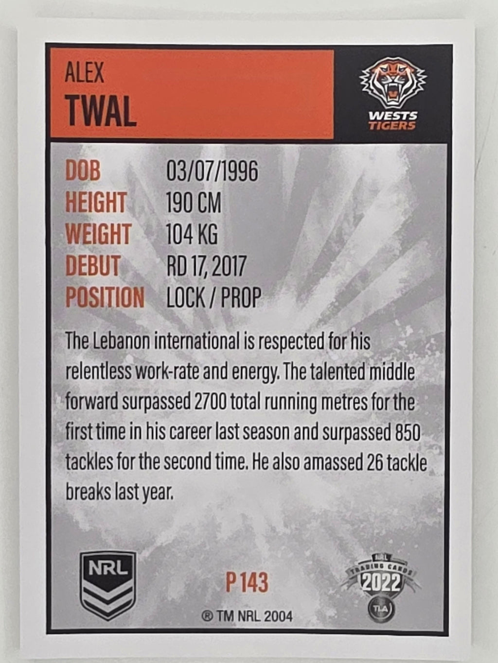 NRL 2022 Elite Silver Parallel #143 Alex Twal Wests Tigers