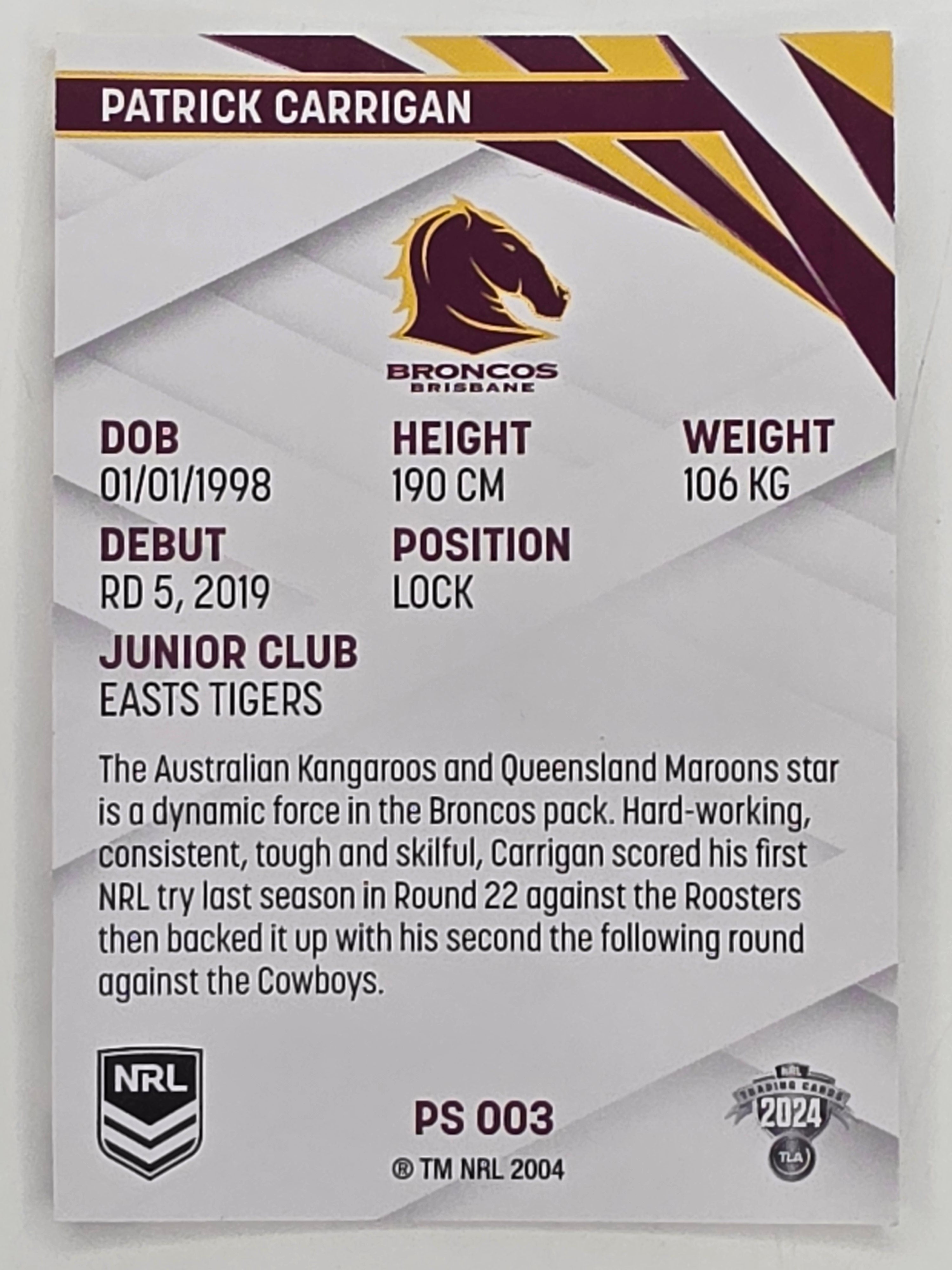 NRL 2024 Traders Pearl Parallel #003 Patrick Carrigan Brisbane Broncos