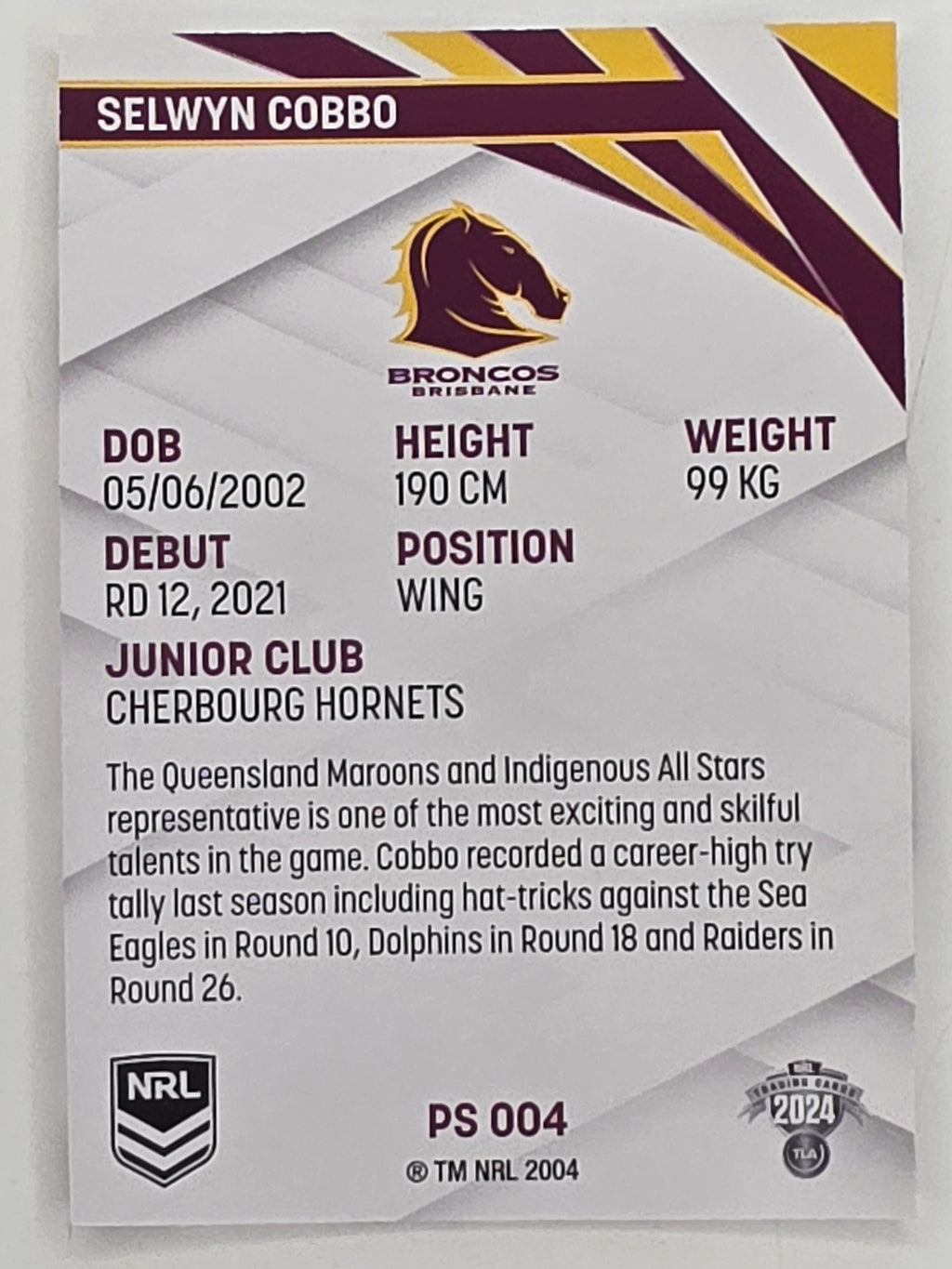 NRL 2024 Traders Pearl Parallel #004 Selwyn Cobbo Brisbane Broncos