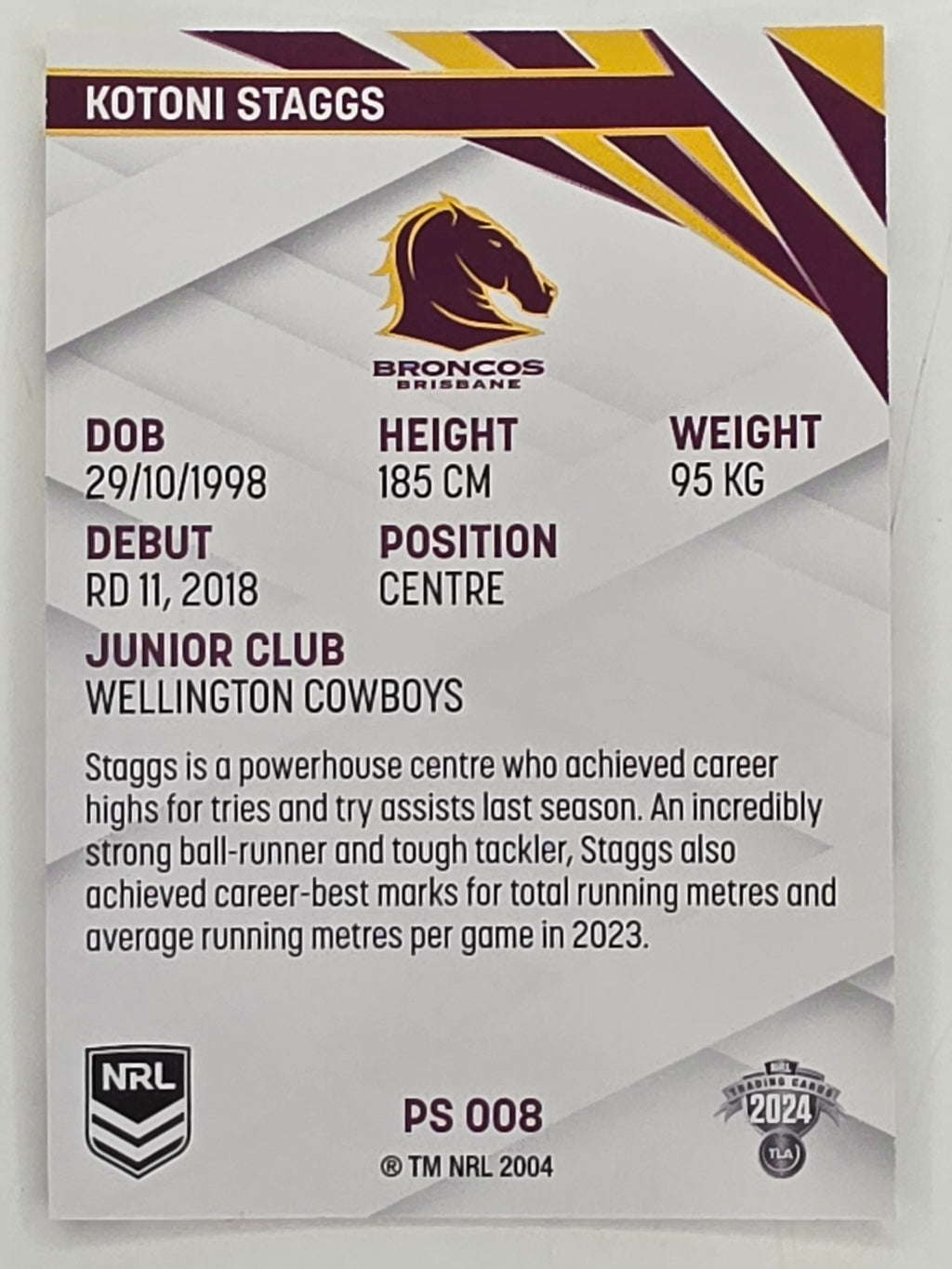 NRL 2024 Traders Pearl Parallel #008 Kotoni Staggs Brisbane Broncos