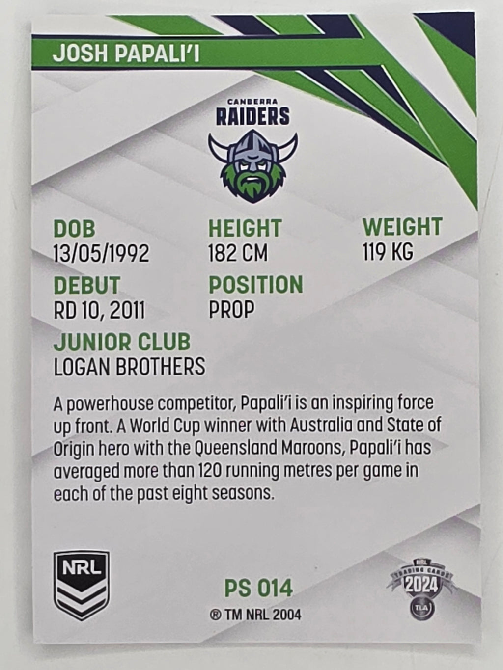 NRL 2024 Traders Pearl Parallel #014 Josh Papali’i Canberra Raiders