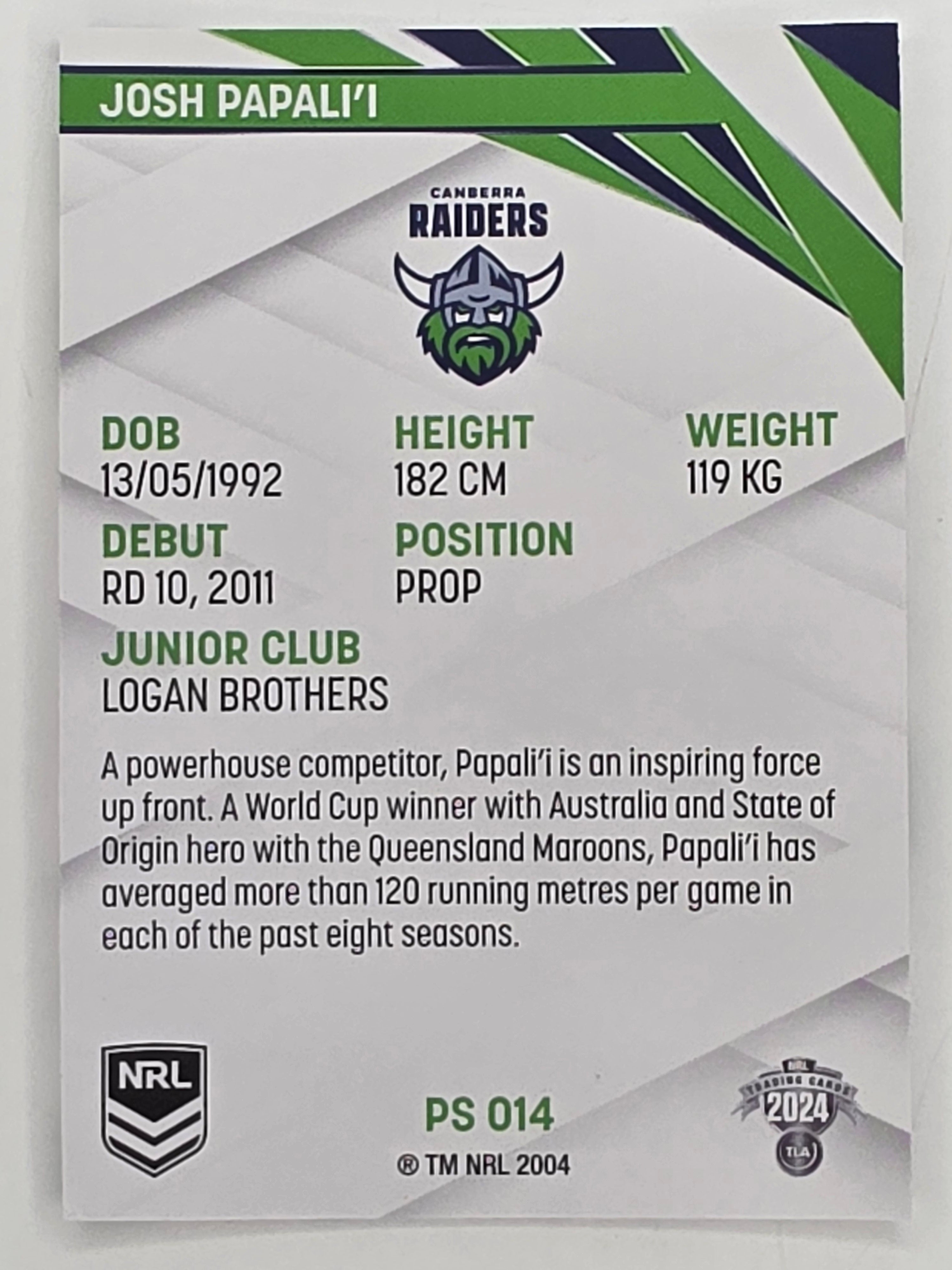 NRL 2024 Traders Pearl Parallel #014 Josh Papali’i Canberra Raiders