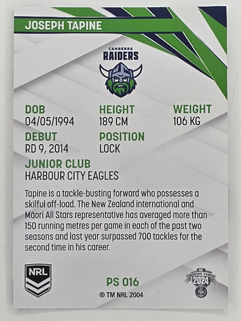NRL 2024 Traders Pearl Parallel #016 Joseph Tapine Canberra Raiders