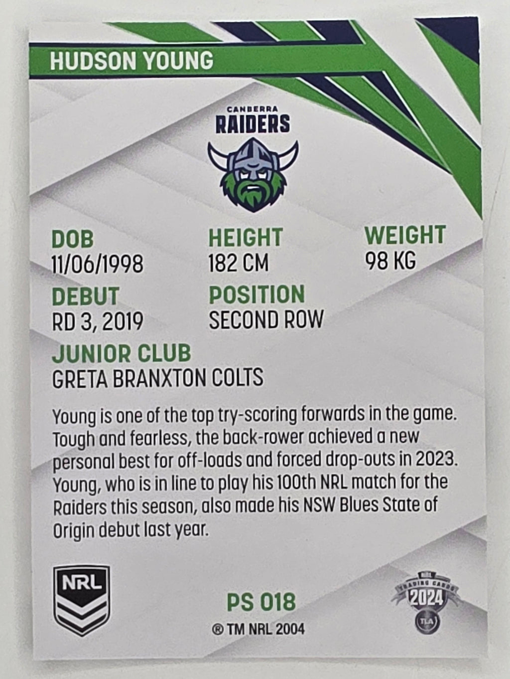 NRL 2024 Traders Pearl Parallel #018 Hudson Young Canberra Raiders