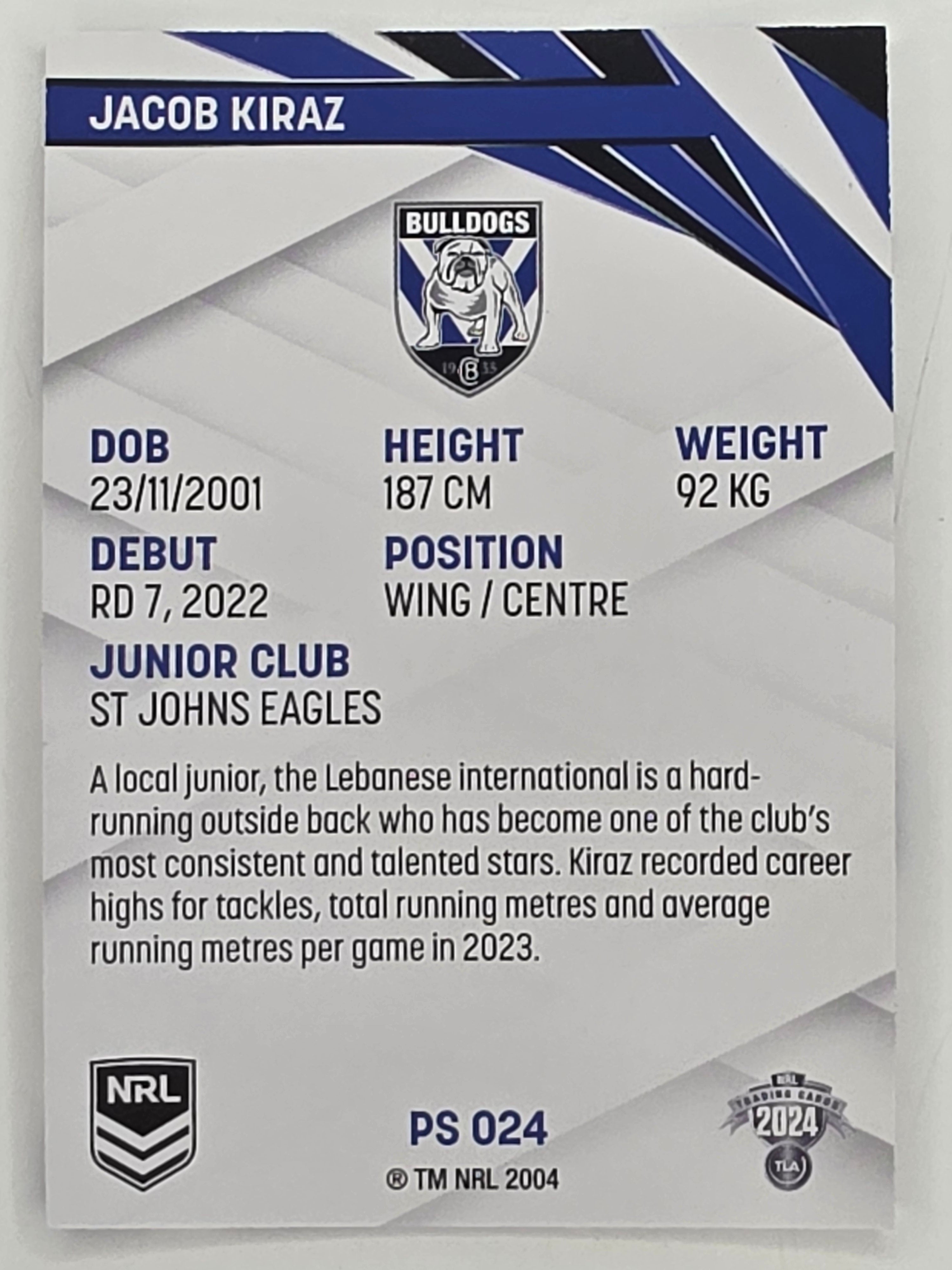 NRL 2024 Traders Pearl Parallel #024 Jacob Kiraz Canterbury Bankstown Bulldogs
