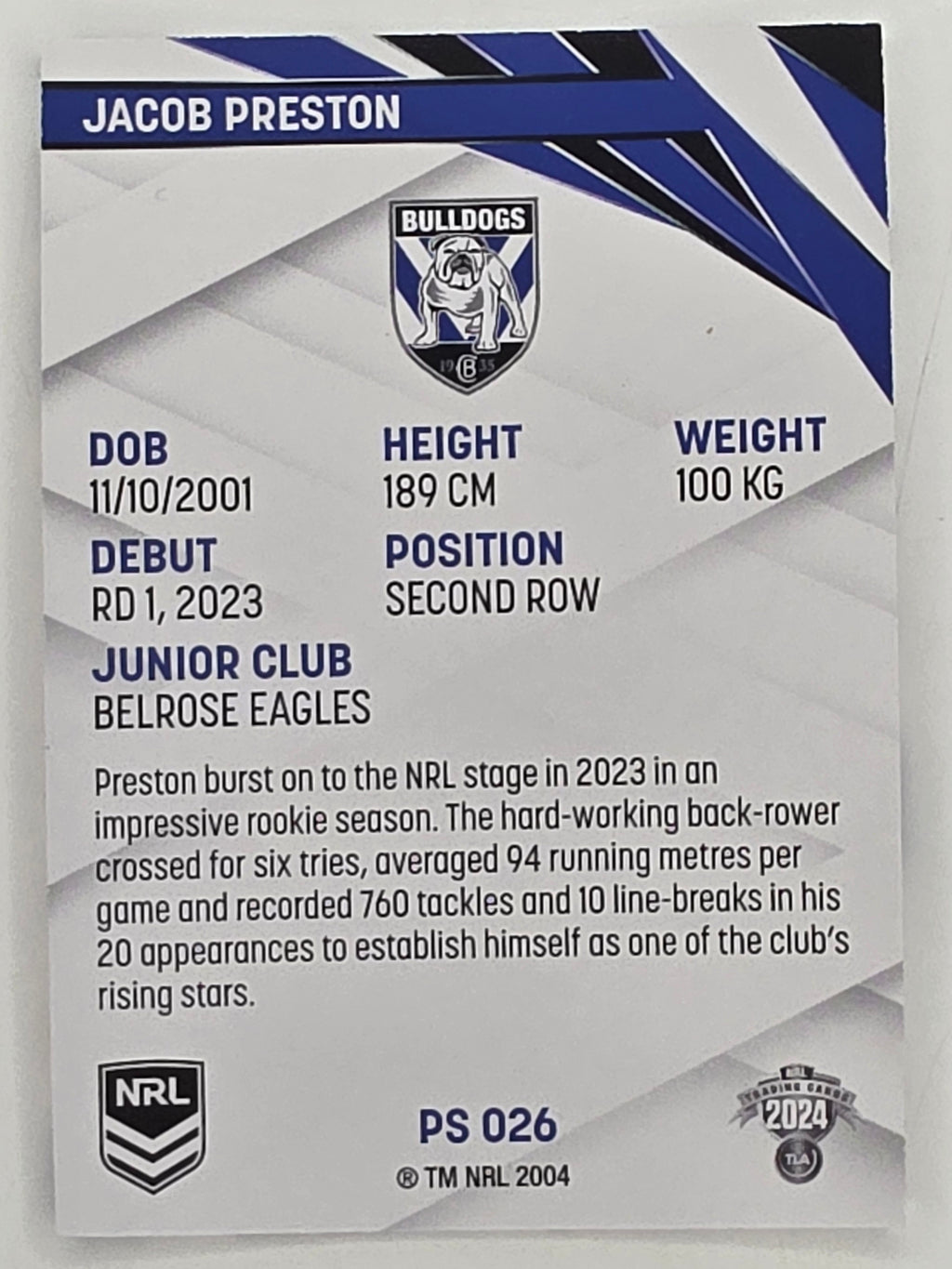 NRL 2024 Traders Pearl Parallel #026 Jacob Preston Canterbury Bankstown Bulldogs