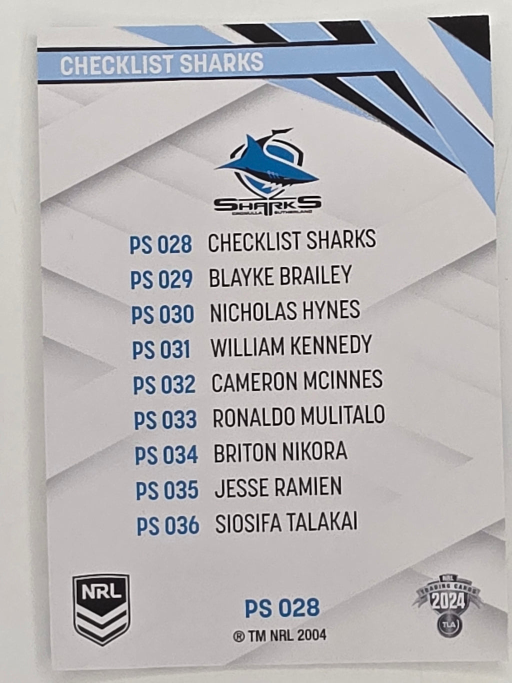 NRL 2024 Traders Pearl Parallel #028 Sharks Checklist Cronulla Sutherland Sharks
