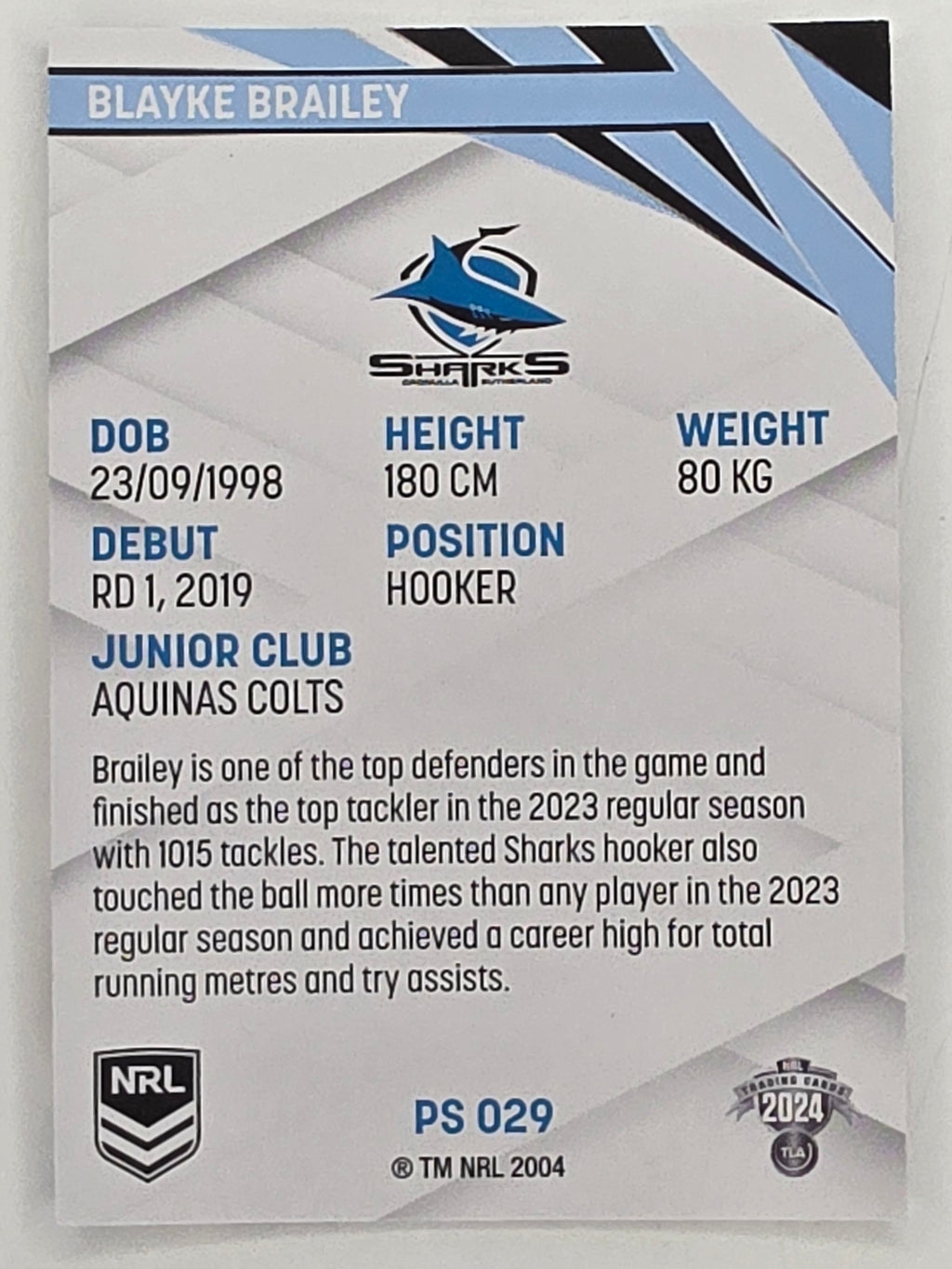 NRL 2024 Traders Pearl Parallel #029 Blayke Brailey Cronulla Sutherland Sharks