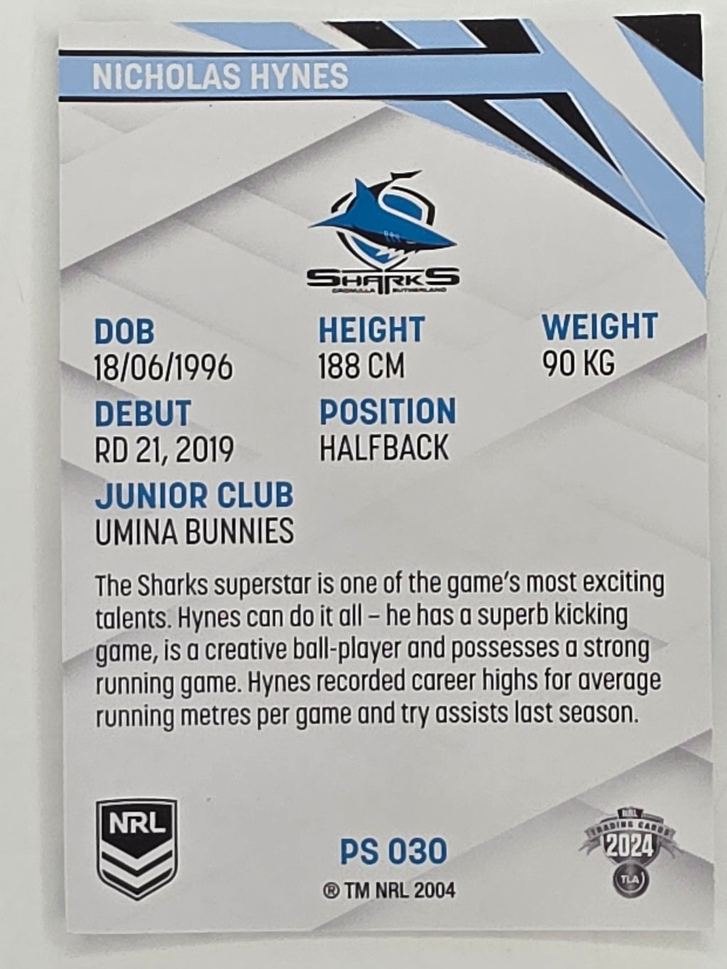 NRL 2024 Traders Pearl Parallel #030 Nicholas Hynes Cronulla Sutherland Sharks
