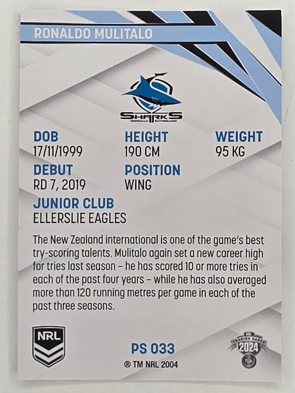 NRL 2024 Traders Pearl Parallel #033 Ronaldo Mulitalo Cronulla Sutherland Sharks