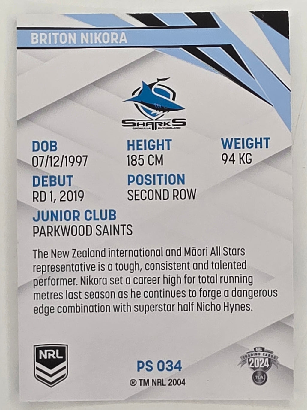 NRL 2024 Traders Pearl Parallel #034 Briton Nikora Cronulla Sutherland Sharks