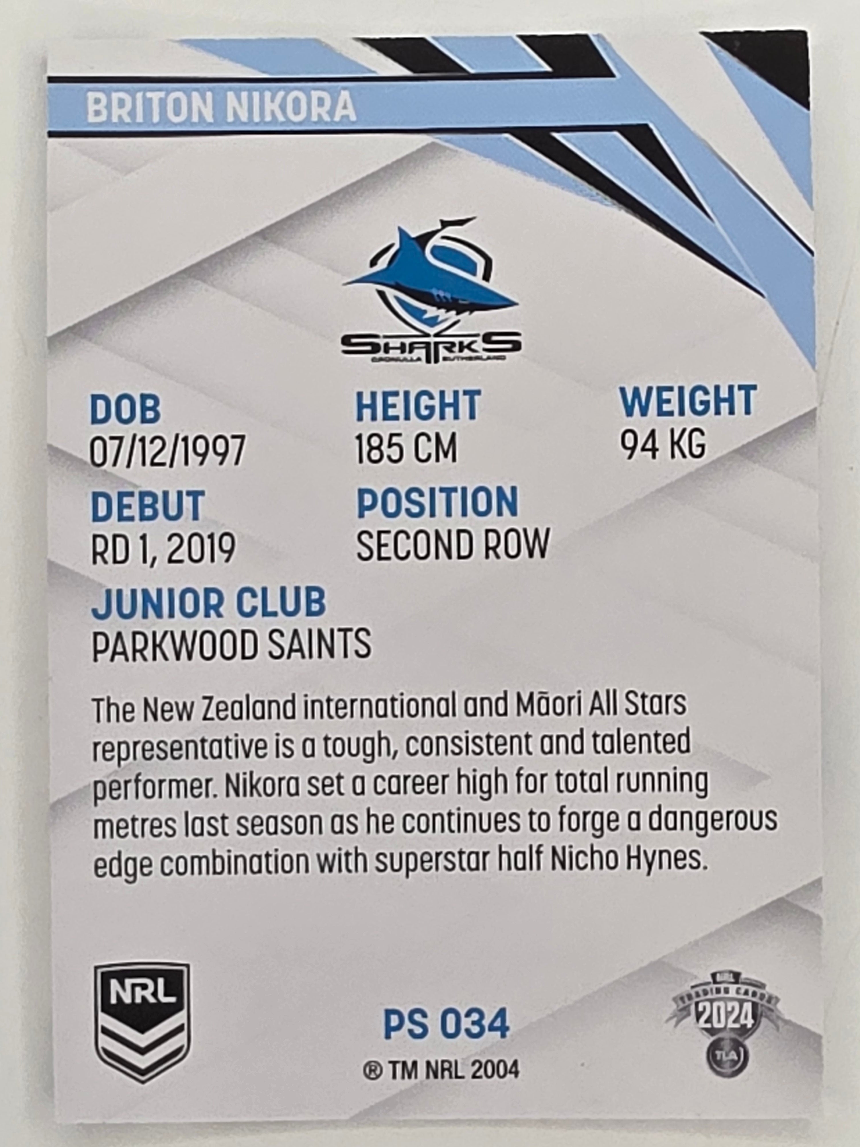 NRL 2024 Traders Pearl Parallel #034 Briton Nikora Cronulla Sutherland Sharks