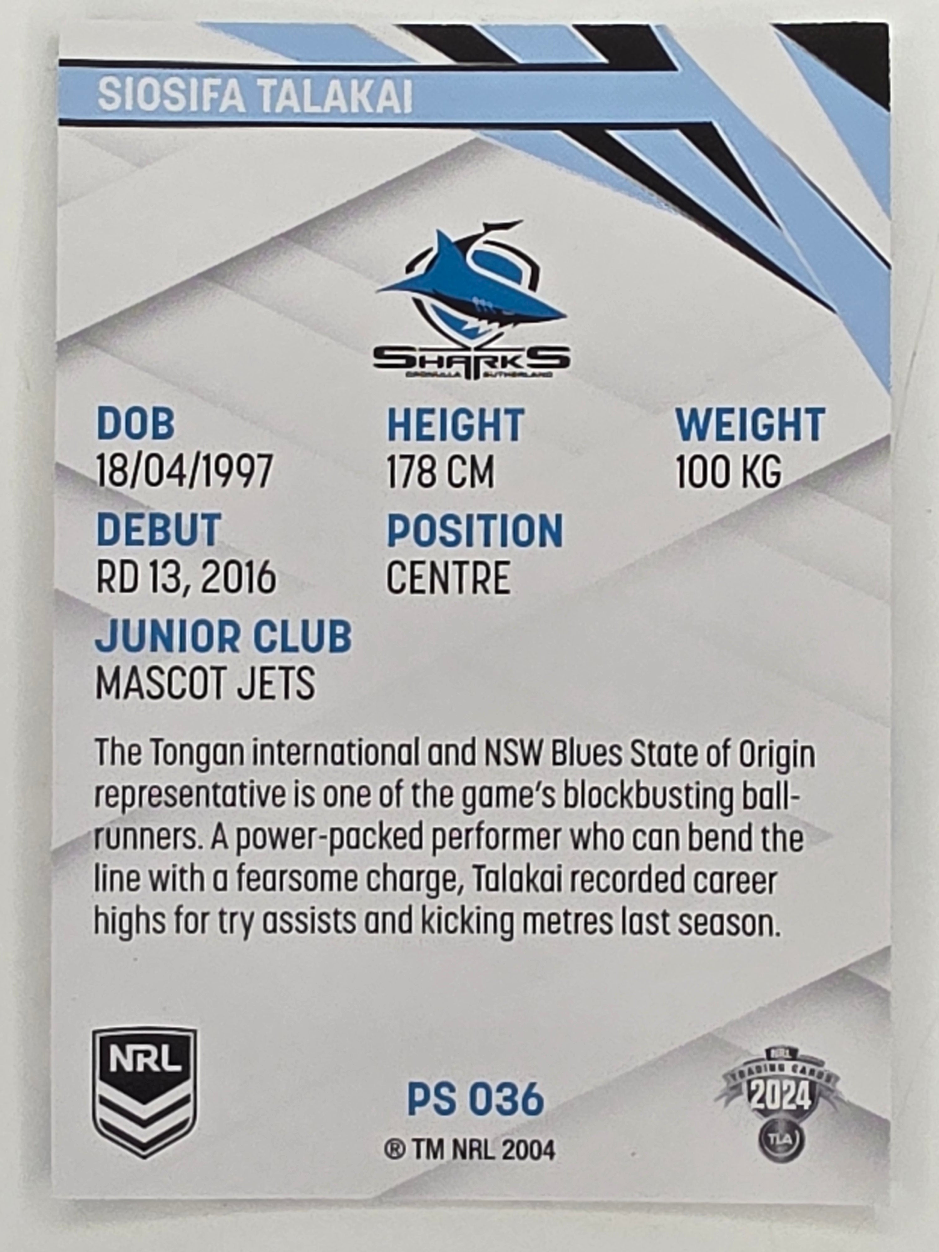 NRL 2024 Traders Pearl Parallel #036 Siosifa Talakai Cronulla Sutherland Sharks