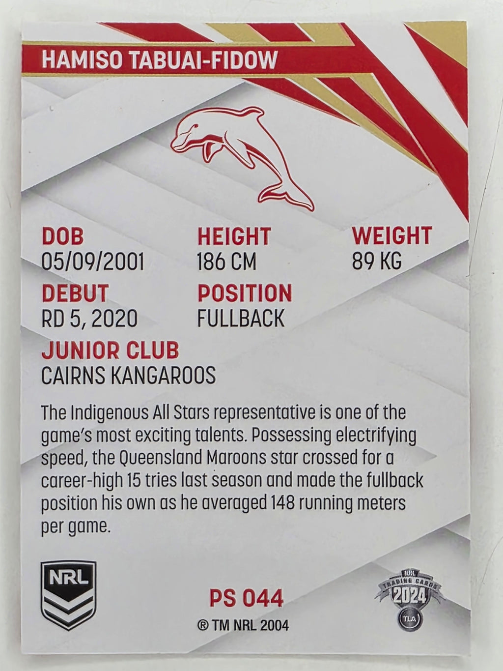NRL 2024 Traders Pearl Parallel #044 Hamiso Tabuai-Fidow Redcliffe Dolphins