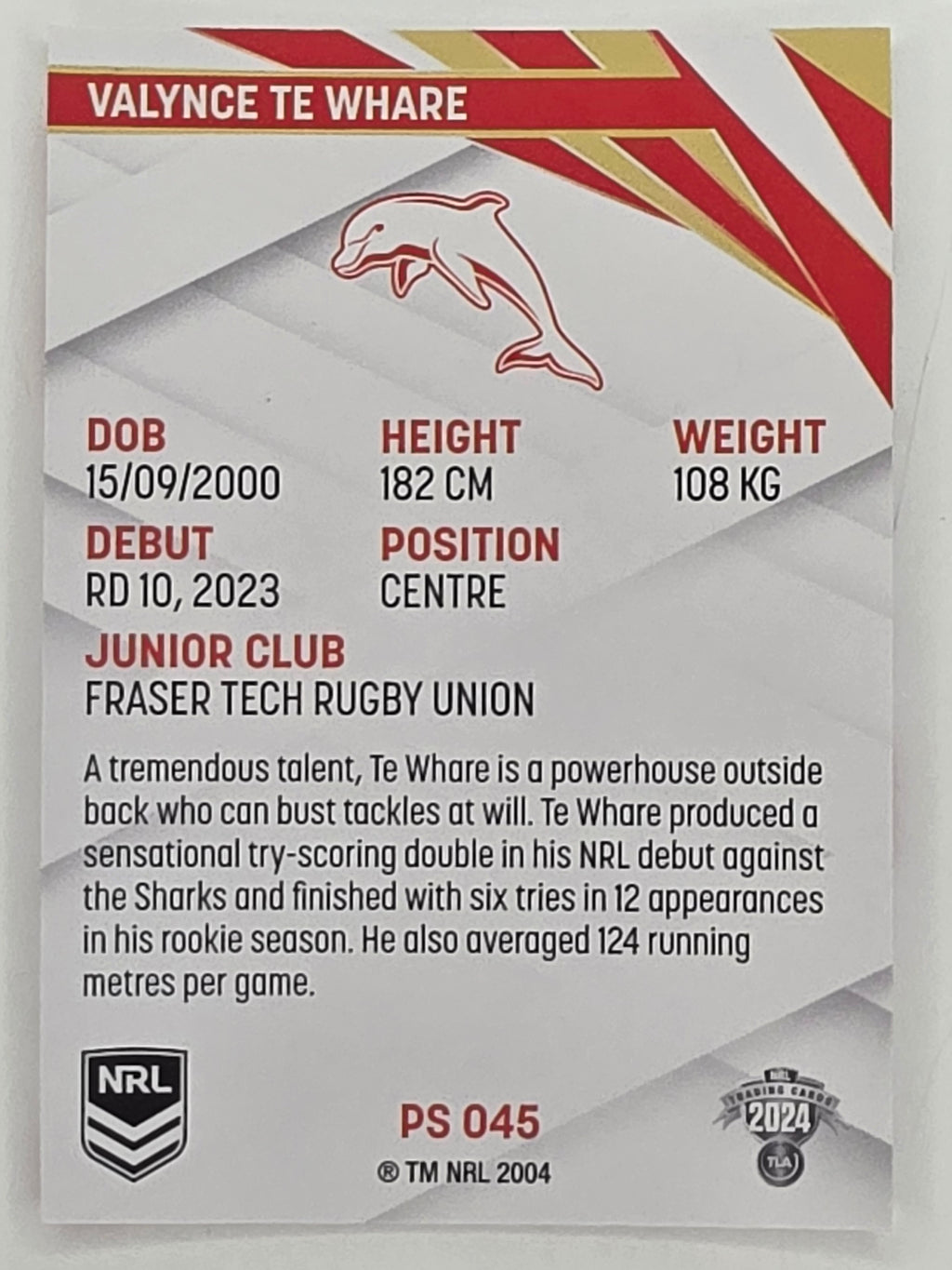 NRL 2024 Traders Pearl Parallel #045 Valynce Te Whare Redcliffe Dolphins