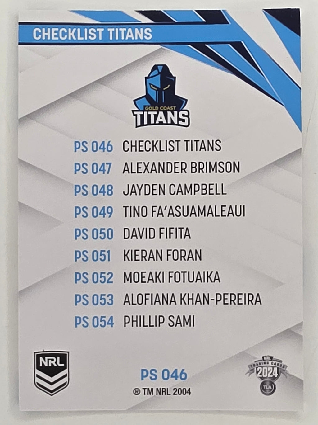 NRL 2024 Traders Pearl Parallel #046 Titans Checklist Gold Coast Titans