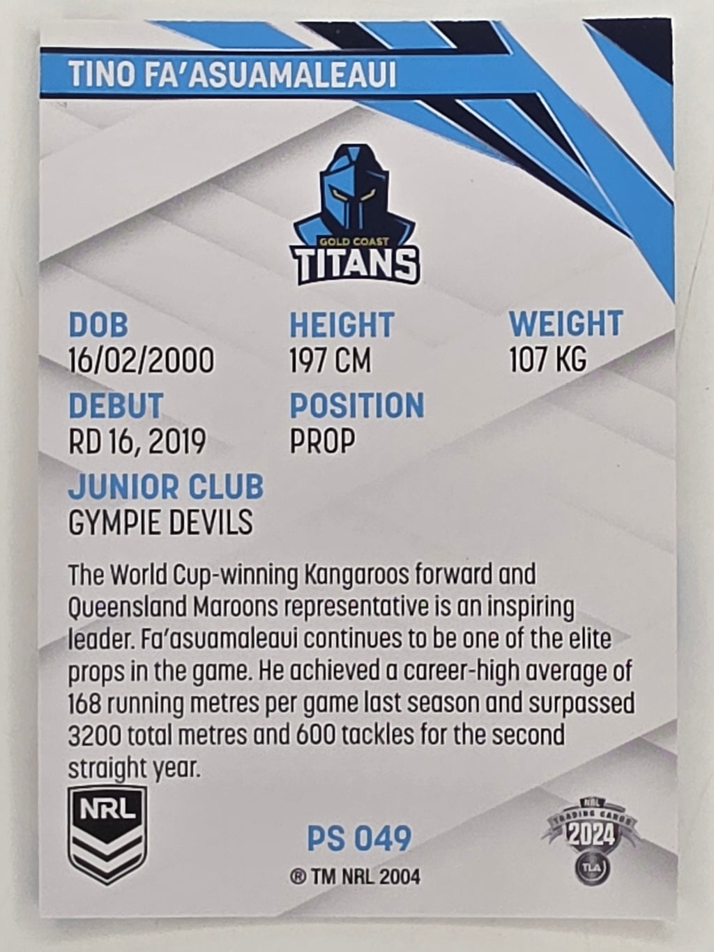 NRL 2024 Traders Pearl Parallel #049 Tino Fa’asuamaleaui Gold Coast Titans