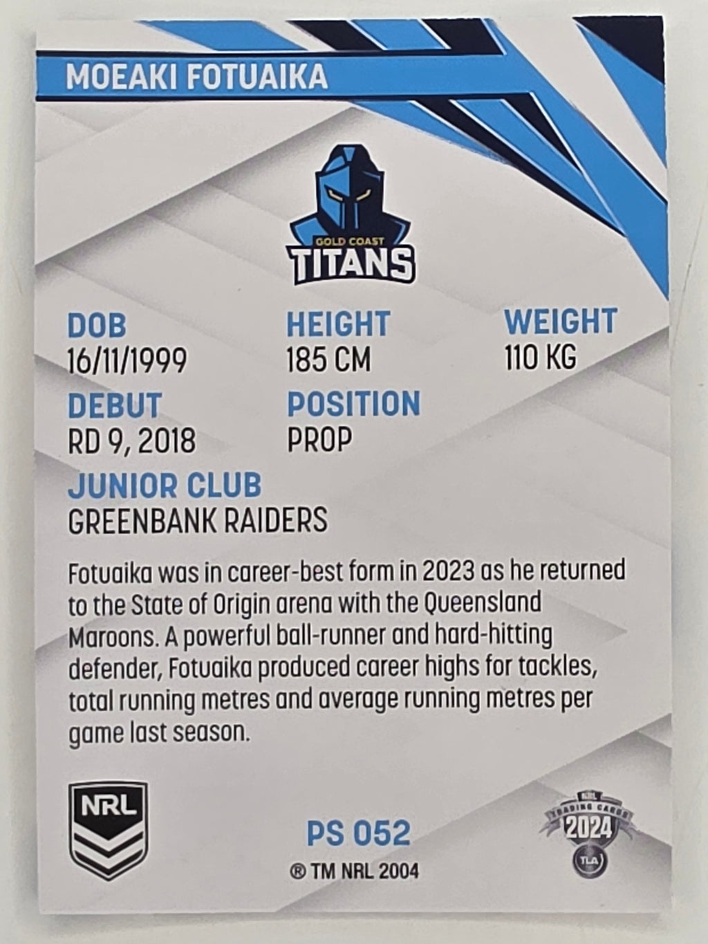 NRL 2024 Traders Pearl Parallel #052 Moeaki Fotuaika Gold Coast Titans