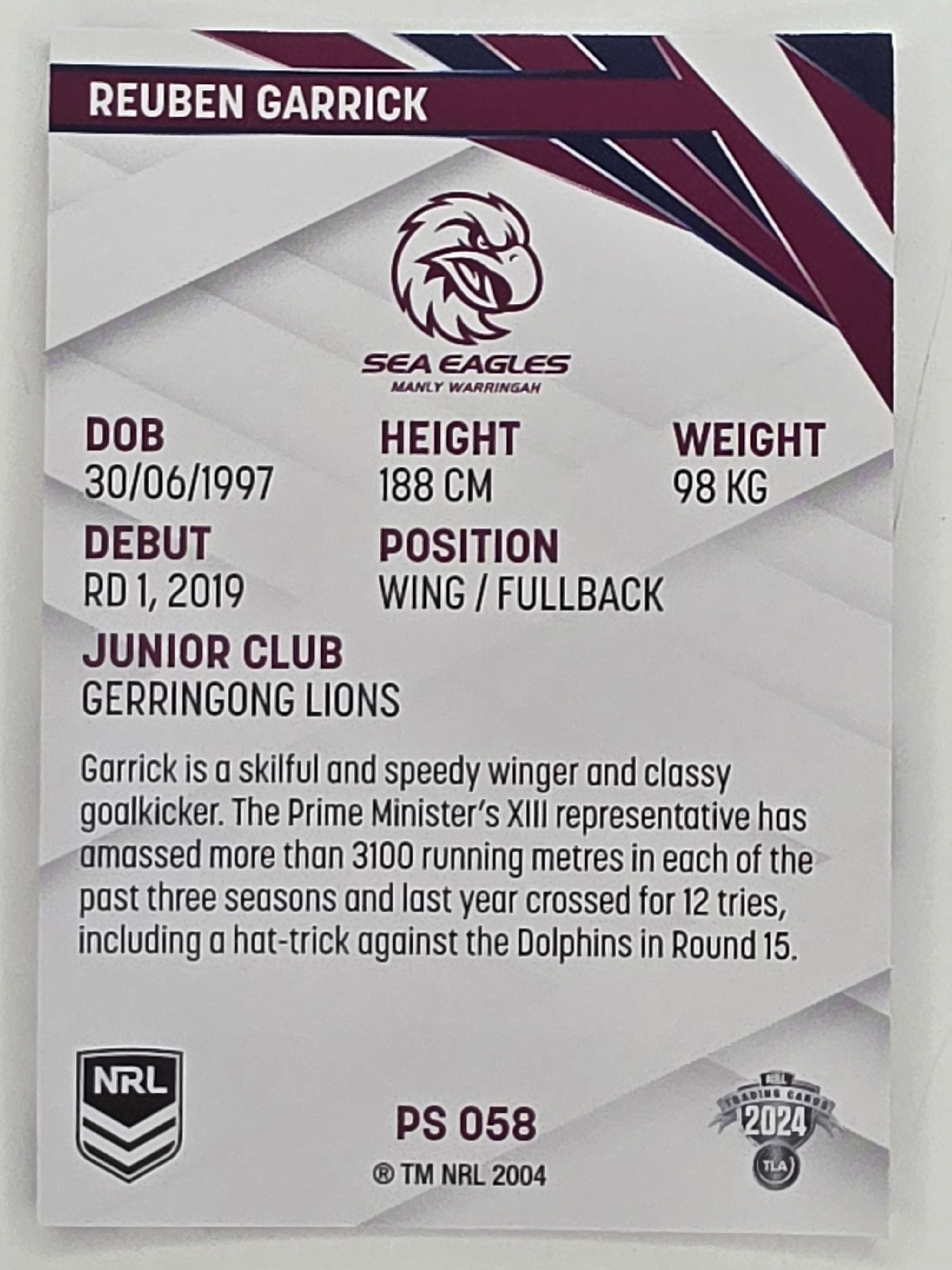 NRL 2024 Traders Pearl Parallel #058 Reuben Garrick Manly Warringah Sea Eagles