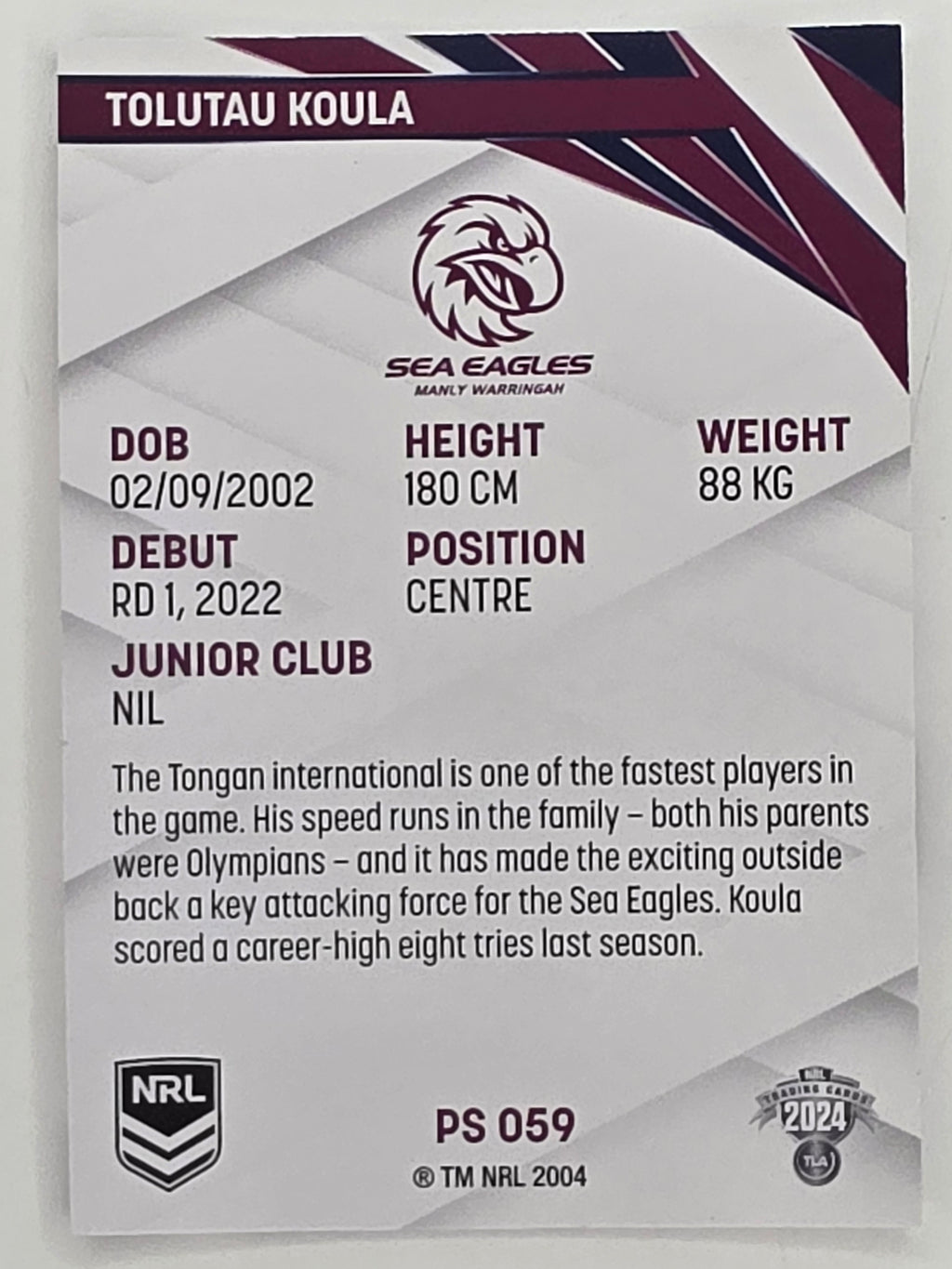 NRL 2024 Traders Pearl Parallel #059 Tolutau Koula Manly Warringah Sea Eagles
