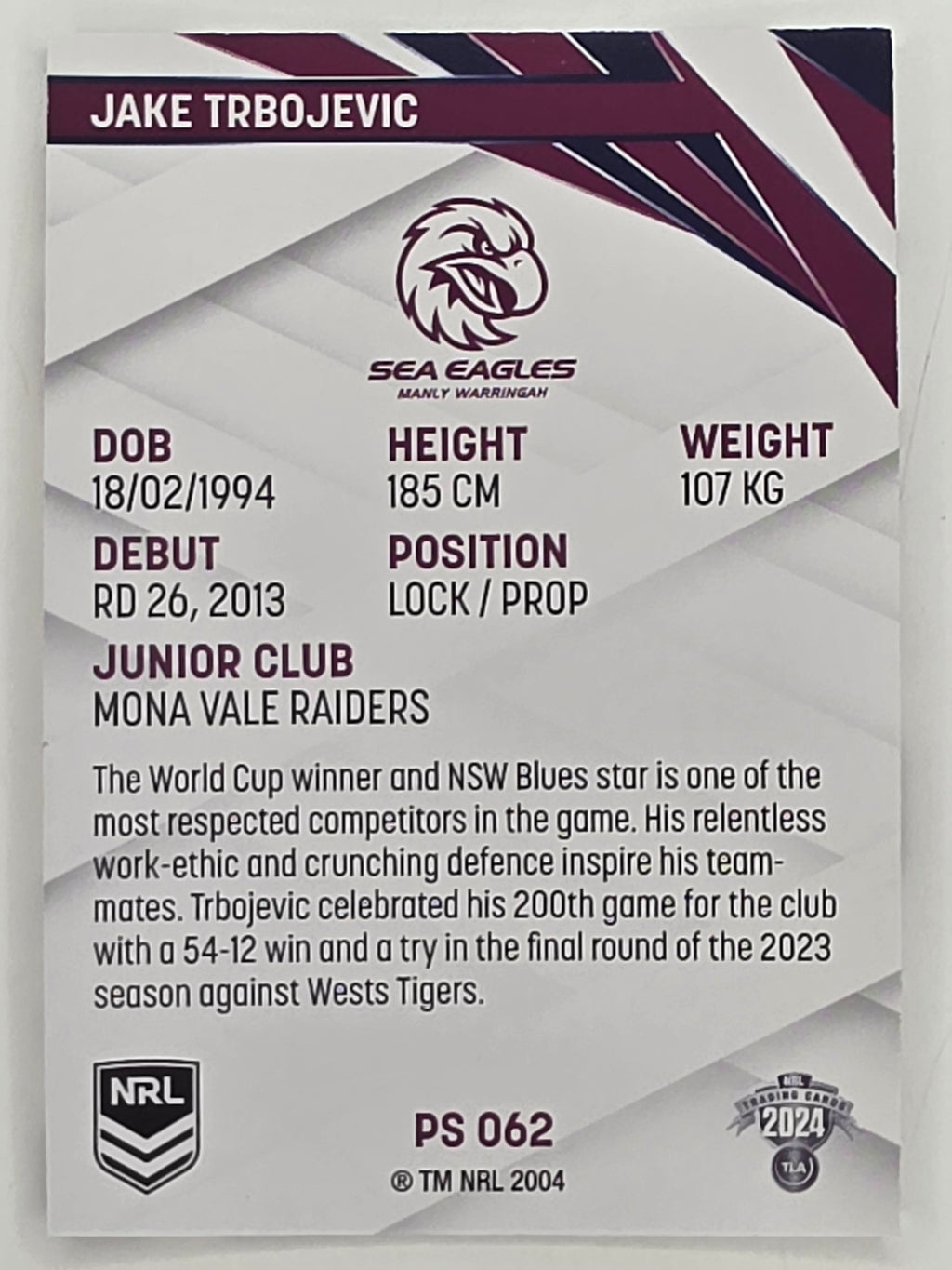 NRL 2024 Traders Pearl Parallel #062 Jake Trbojevic Manly Warringah Sea Eagles