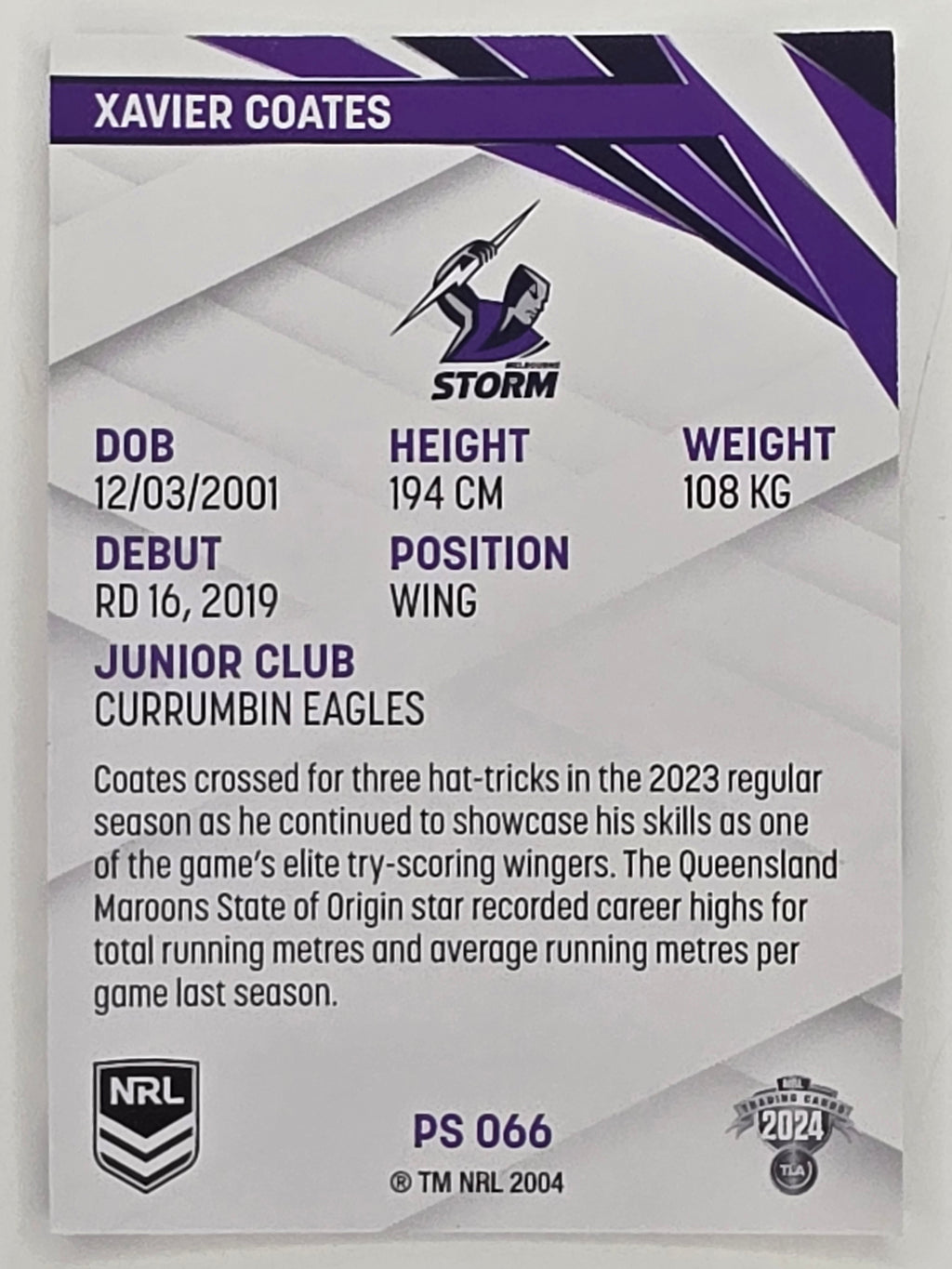 NRL 2024 Traders Pearl Parallel #066 Xavier Coates Melbourne Storm