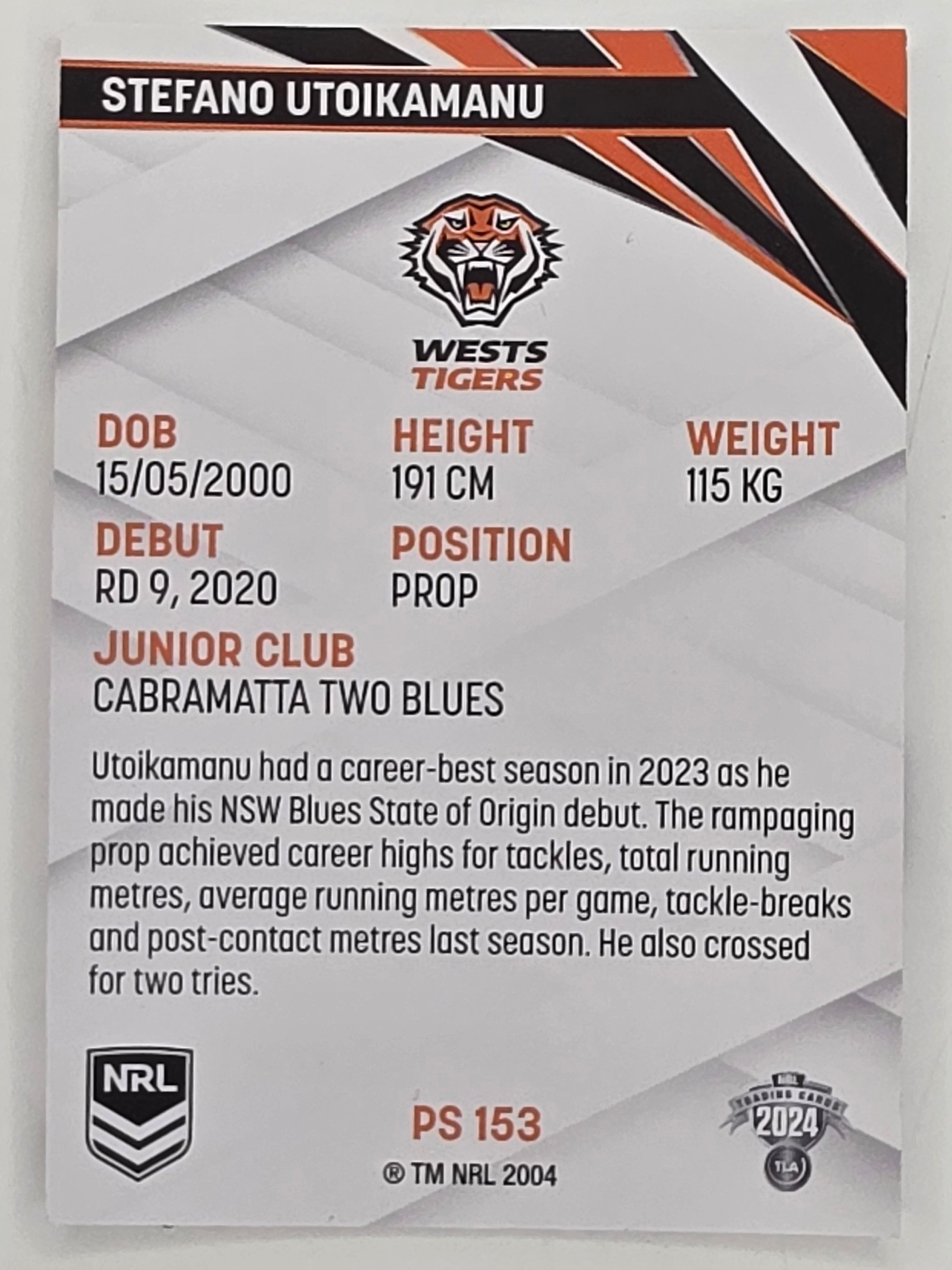 NRL 2024 Traders Pearl Parallel #153 Stefano Utoikamanu Wests Tigers