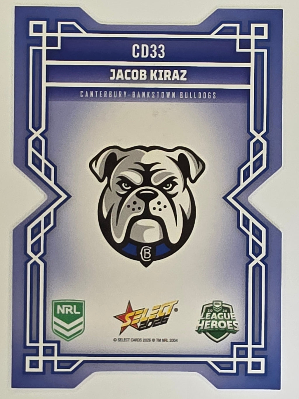 NRL 2026 League Heroes | Colours Diecut | #CD33 | Jacob Kiraz | Canterbury Bulldogs