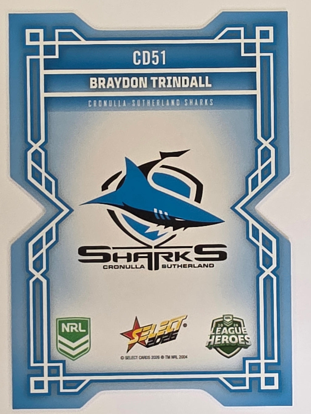 NRL 2026 League Heroes | Colours Diecut | #CD51 | Braydon Trindall | Cronulla Sharks