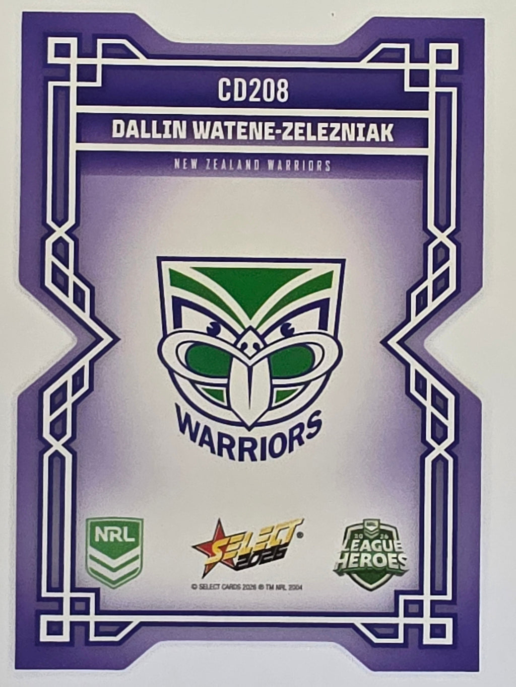 NRL 2026 League Heroes | Colours Diecut | #CD208 | Dallin Watene-Zelezniak | New Zealand Warriors