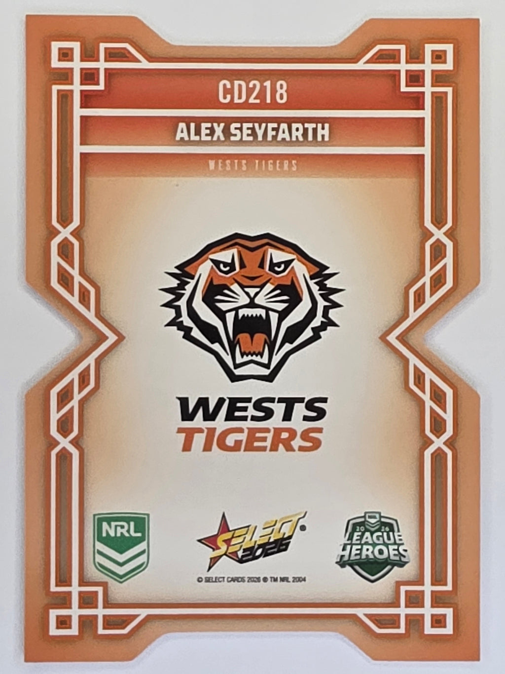 NRL 2026 League Heroes | Colours Diecut | #CD218 | Alex Seyfarth | Wests Tigers
