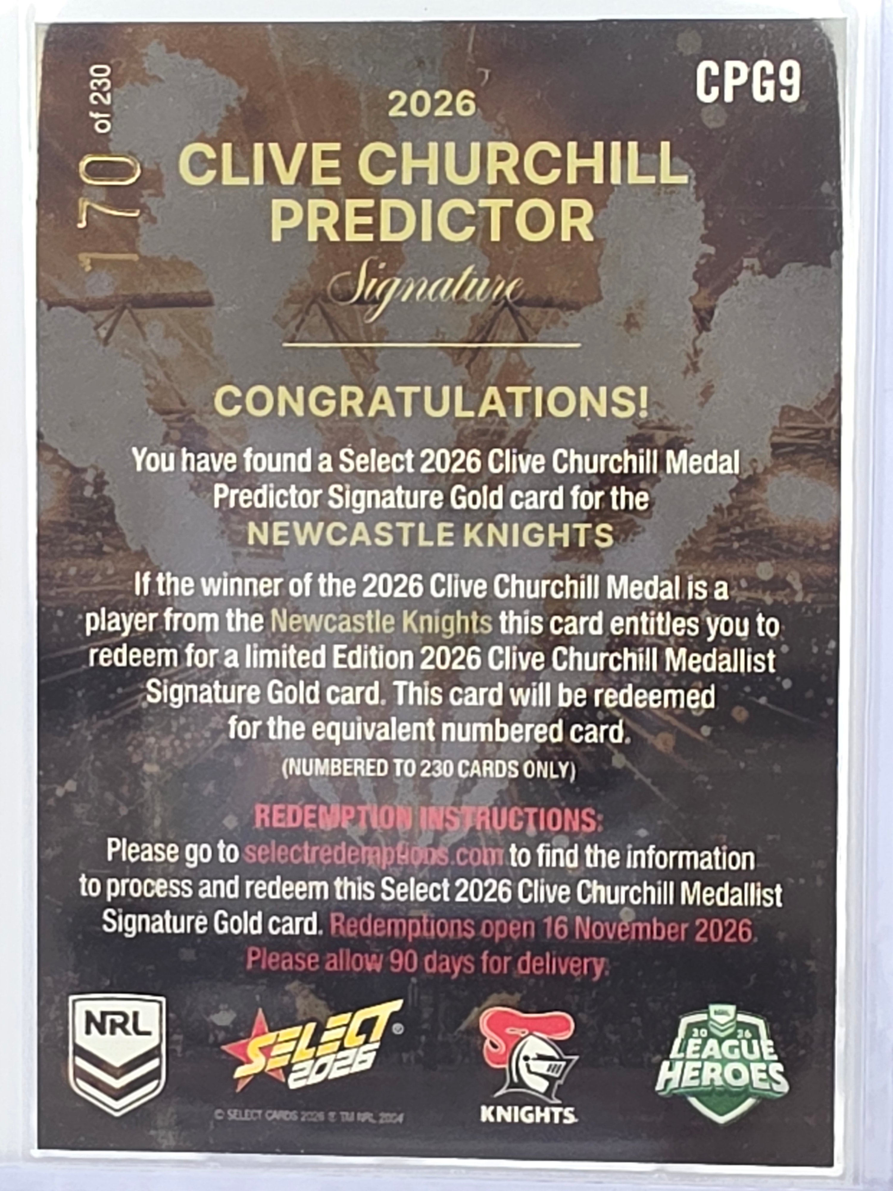 NRL 2026 League Heroes | Clive Churchill Predictor Gold | #CPG9 | #170/230 | Newcastle Knights