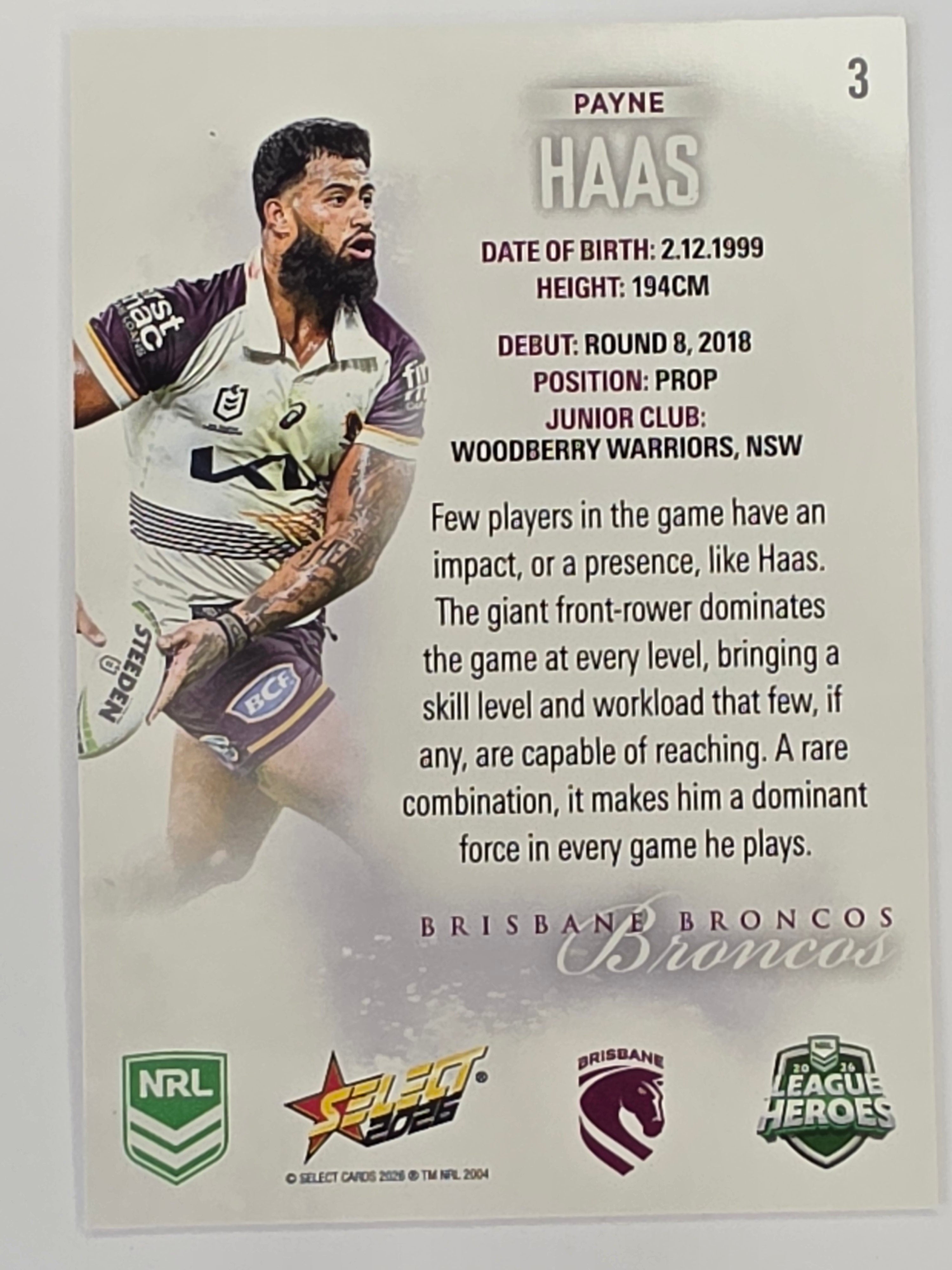 NRL 2026 League Heroes | Base | #003 | Payne Haas | Brisbane Broncos