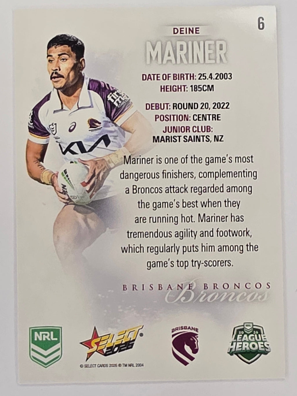 NRL 2026 League Heroes | Base | #006 | Deine Mariner | Brisbane Broncos
