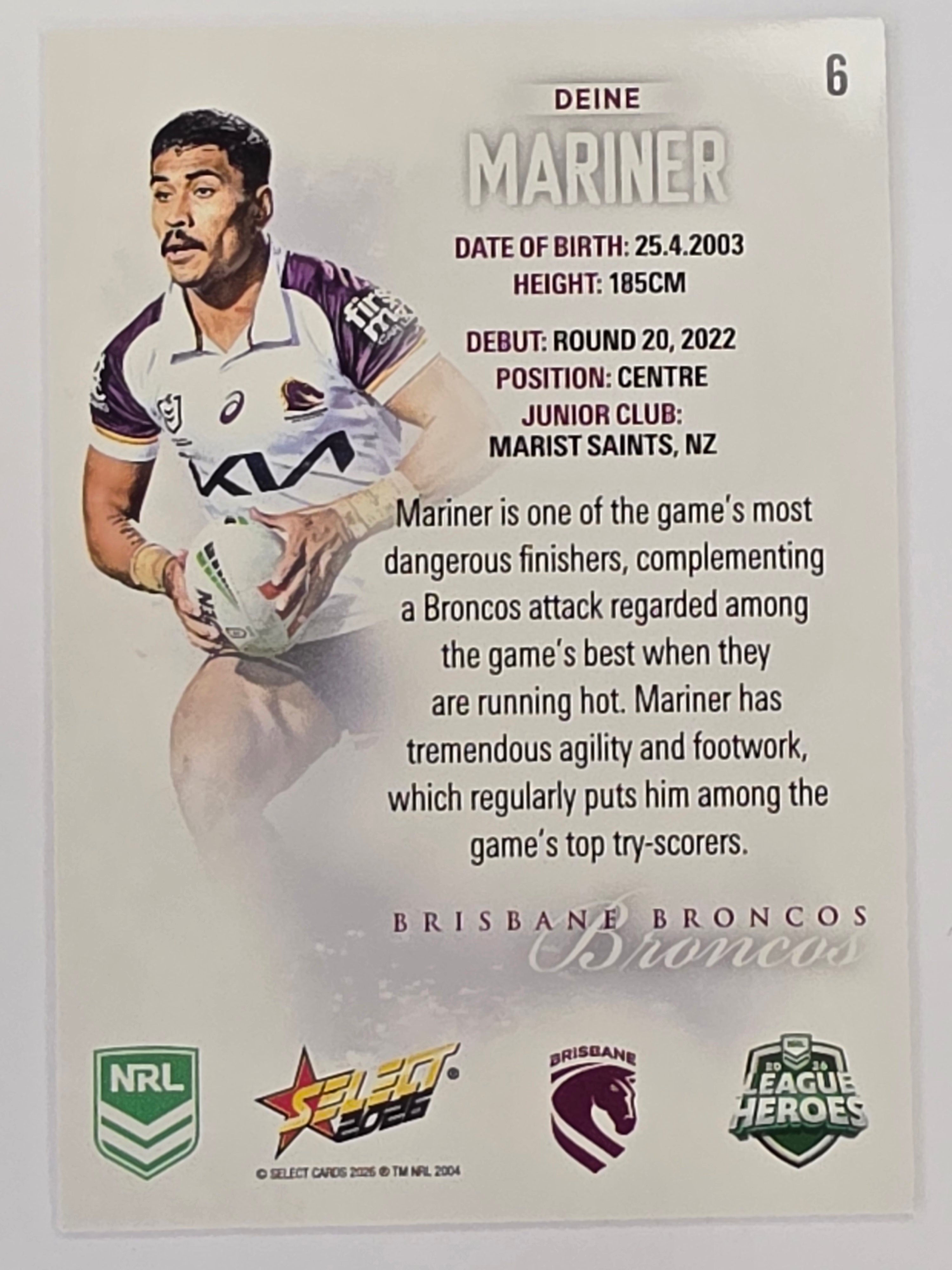 NRL 2026 League Heroes | Base | #006 | Deine Mariner | Brisbane Broncos