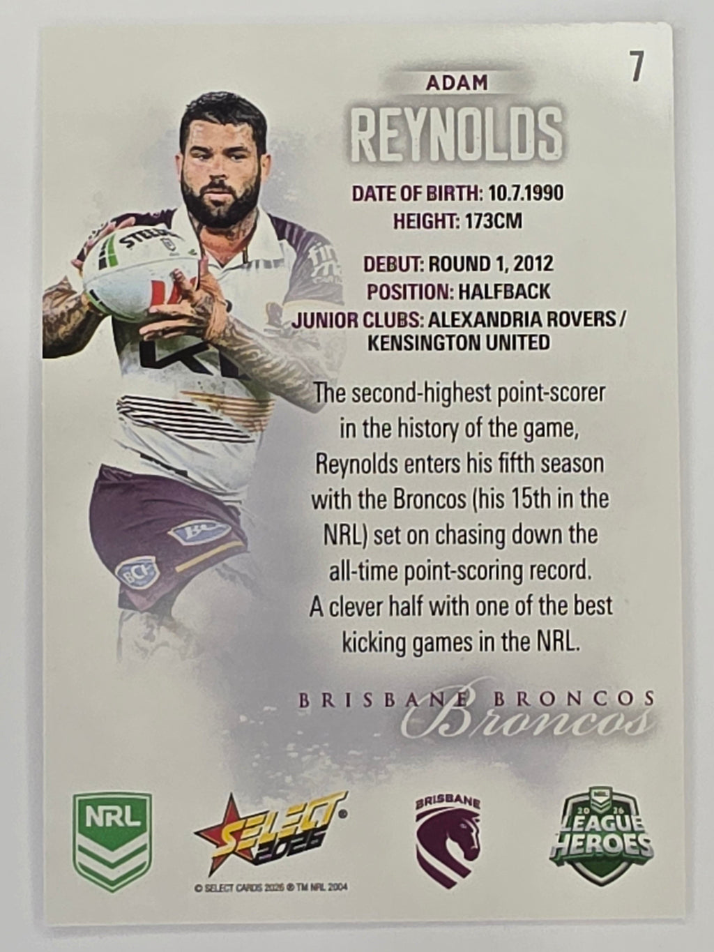 NRL 2026 League Heroes | Base | #007 |Adam Reynolds | Brisbane Broncos