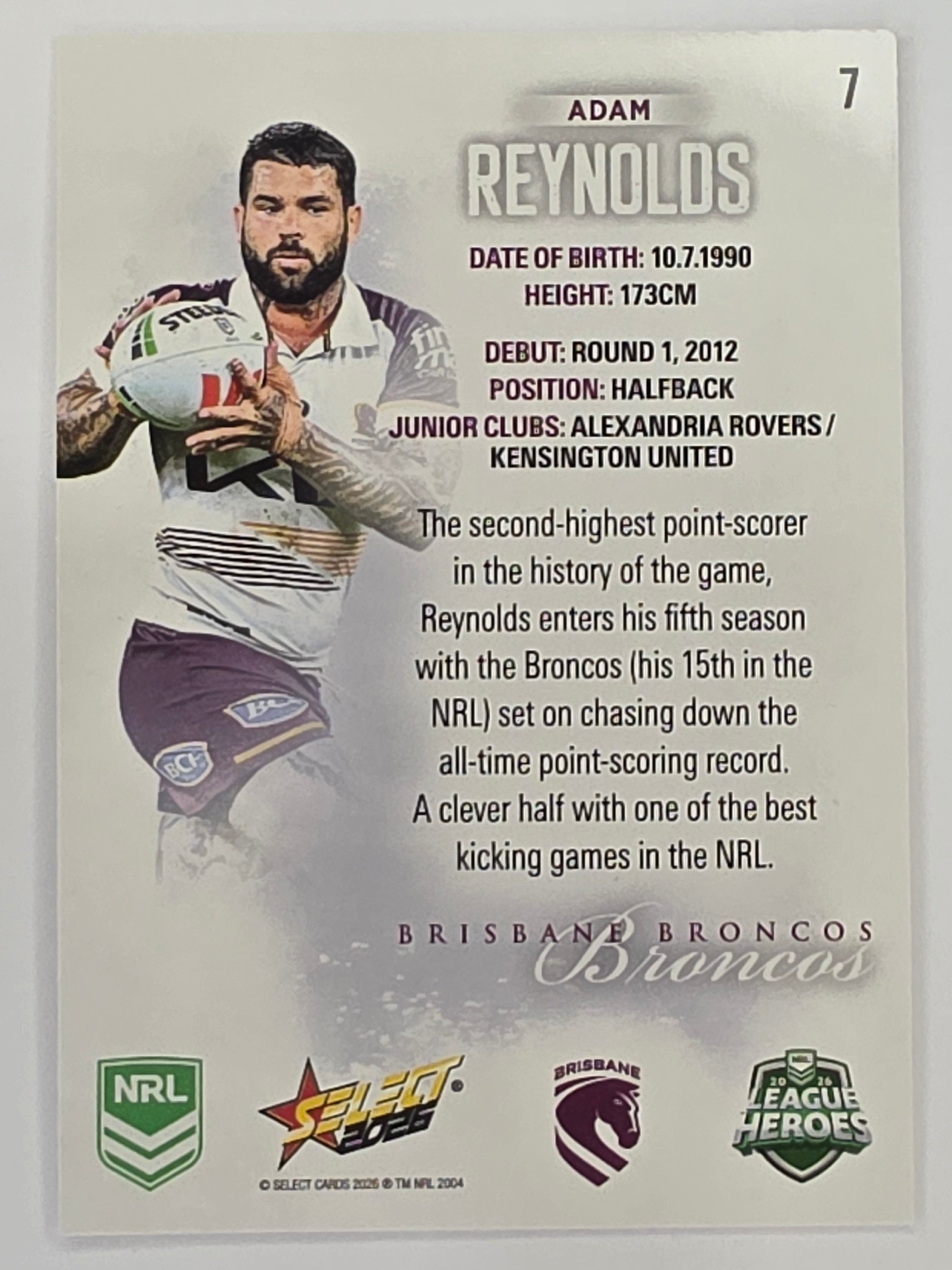 NRL 2026 League Heroes | Base | #007 |Adam Reynolds | Brisbane Broncos