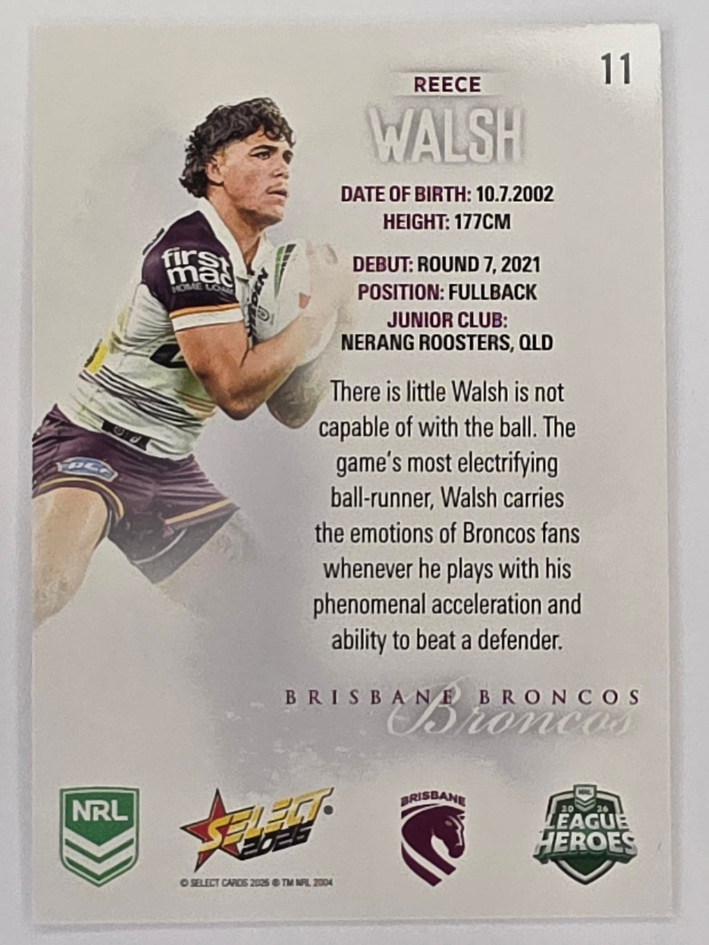 NRL 2026 League Heroes | Base | #011 | Reece Walsh | Brisbane Broncos