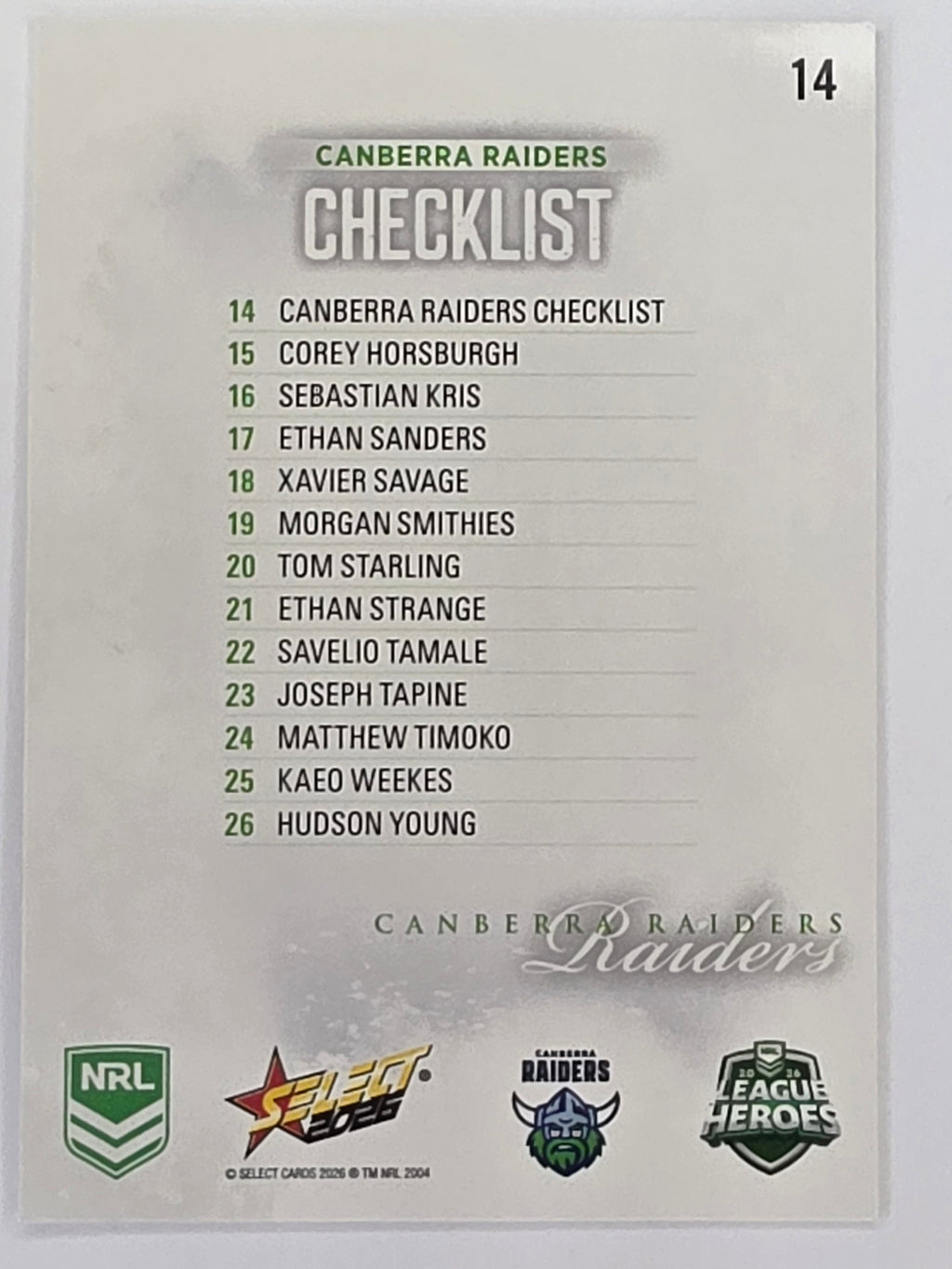 NRL 2026 League Heroes | Base | #014 | Logo | Canberra Raiders