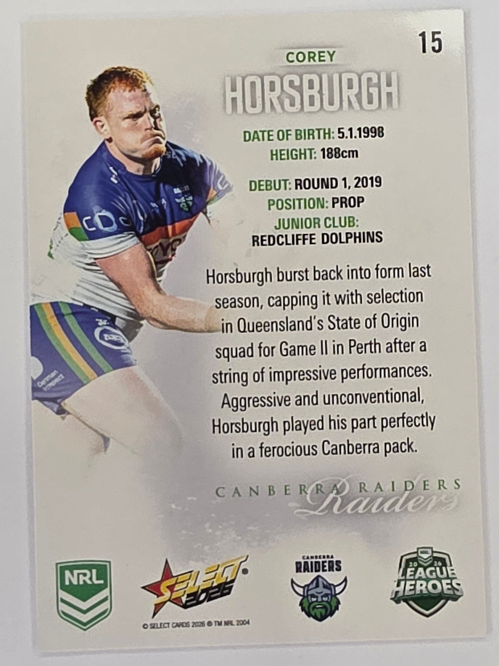 NRL 2026 League Heroes | Base | #015 | Corey Horsburgh | Canberra Raiders