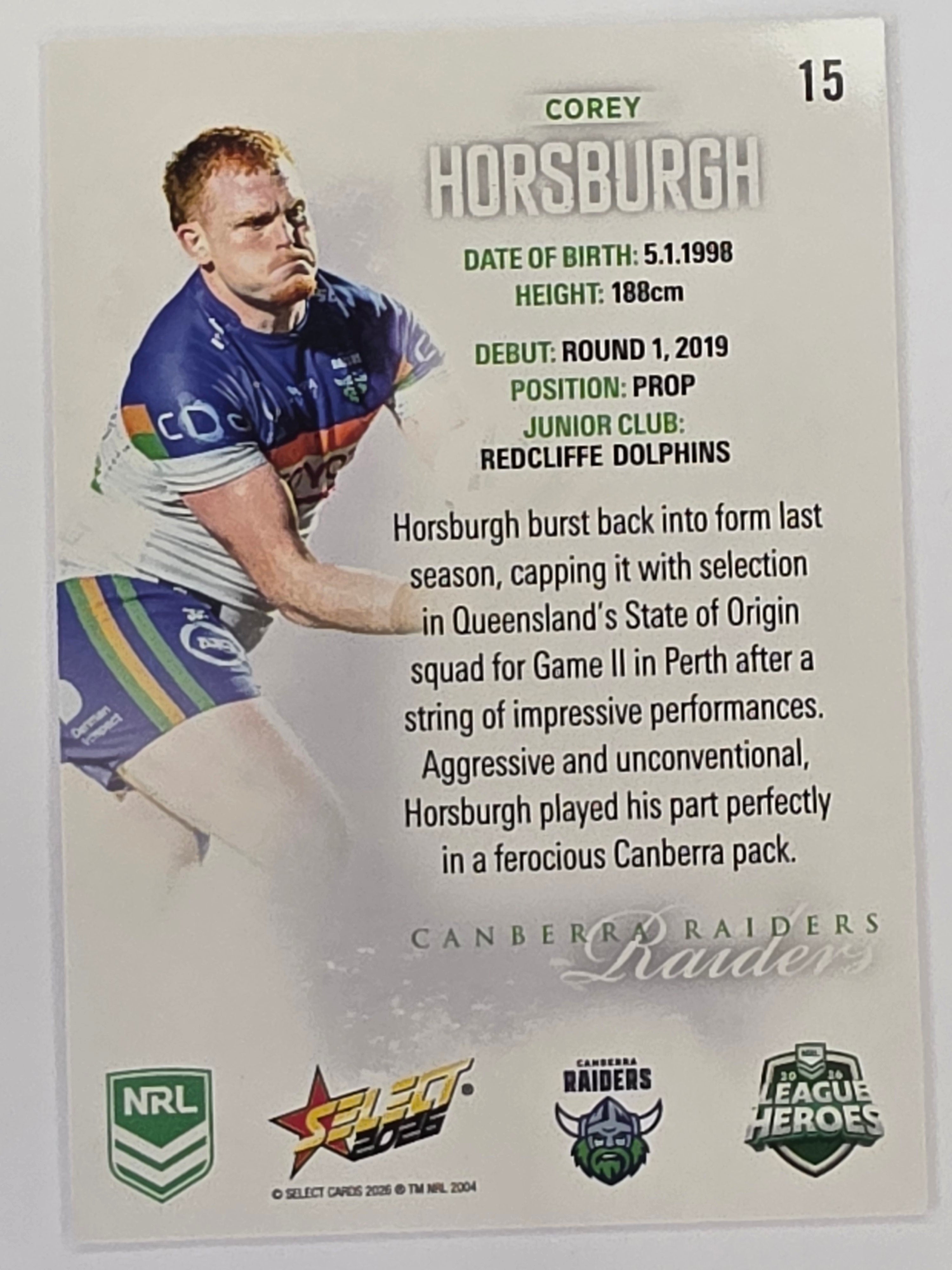 NRL 2026 League Heroes | Base | #015 | Corey Horsburgh | Canberra Raiders