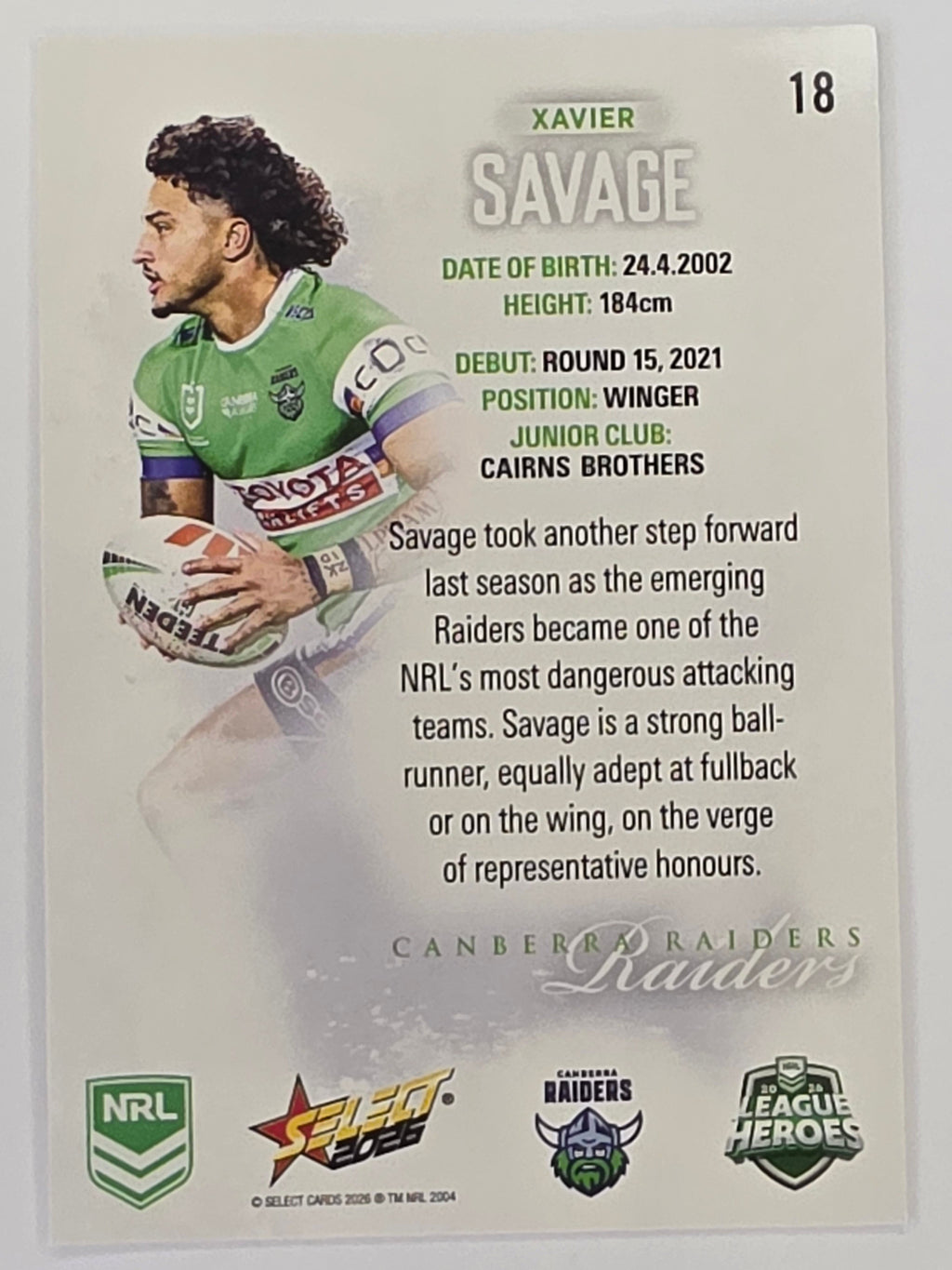 NRL 2026 League Heroes | Base | #018 | Xavier Savage | Canberra Raiders