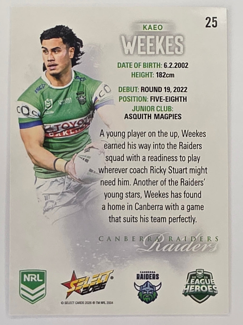 NRL 2026 League Heroes | Base | #025 | Kaeo Weekes | Canberra Raiders